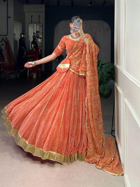 DESIGNER BANDHEJ PRINT LEHENGA CHOLI WITH DUPATTA & PURSE
