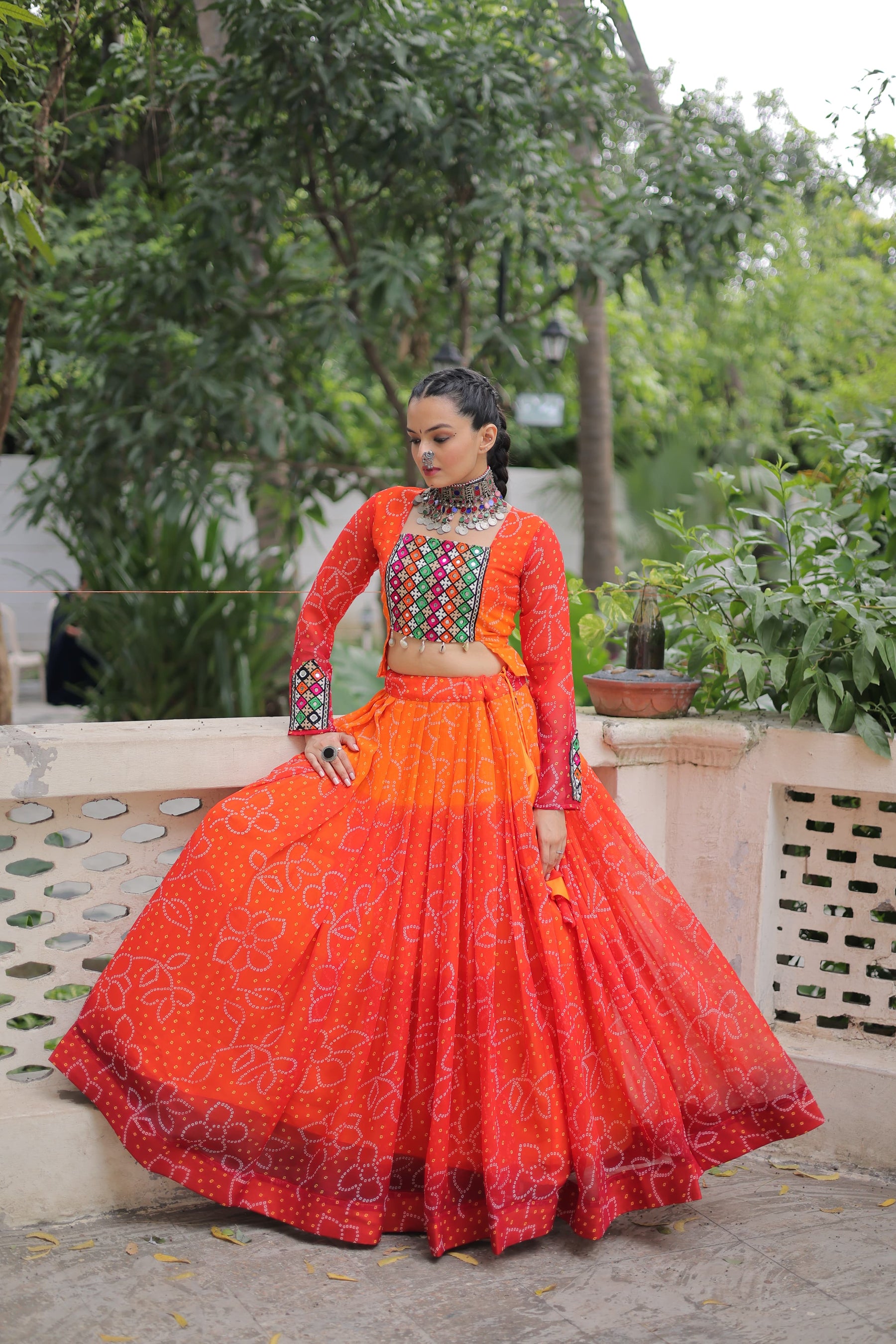 Bandhani with Kutchi Gamthi Patchwork Lehenga Choli