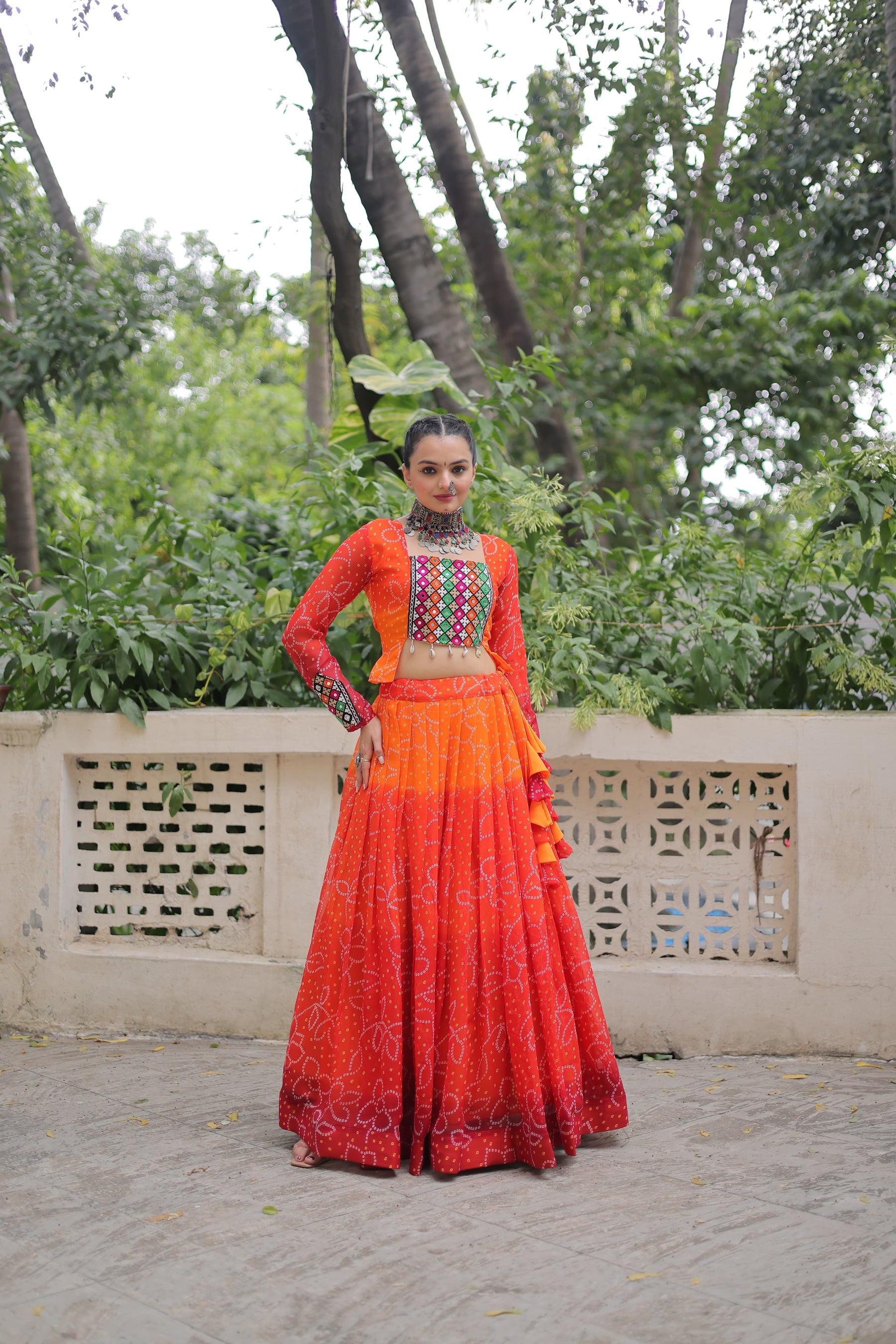 Bandhani with Kutchi Gamthi Patchwork Lehenga Choli