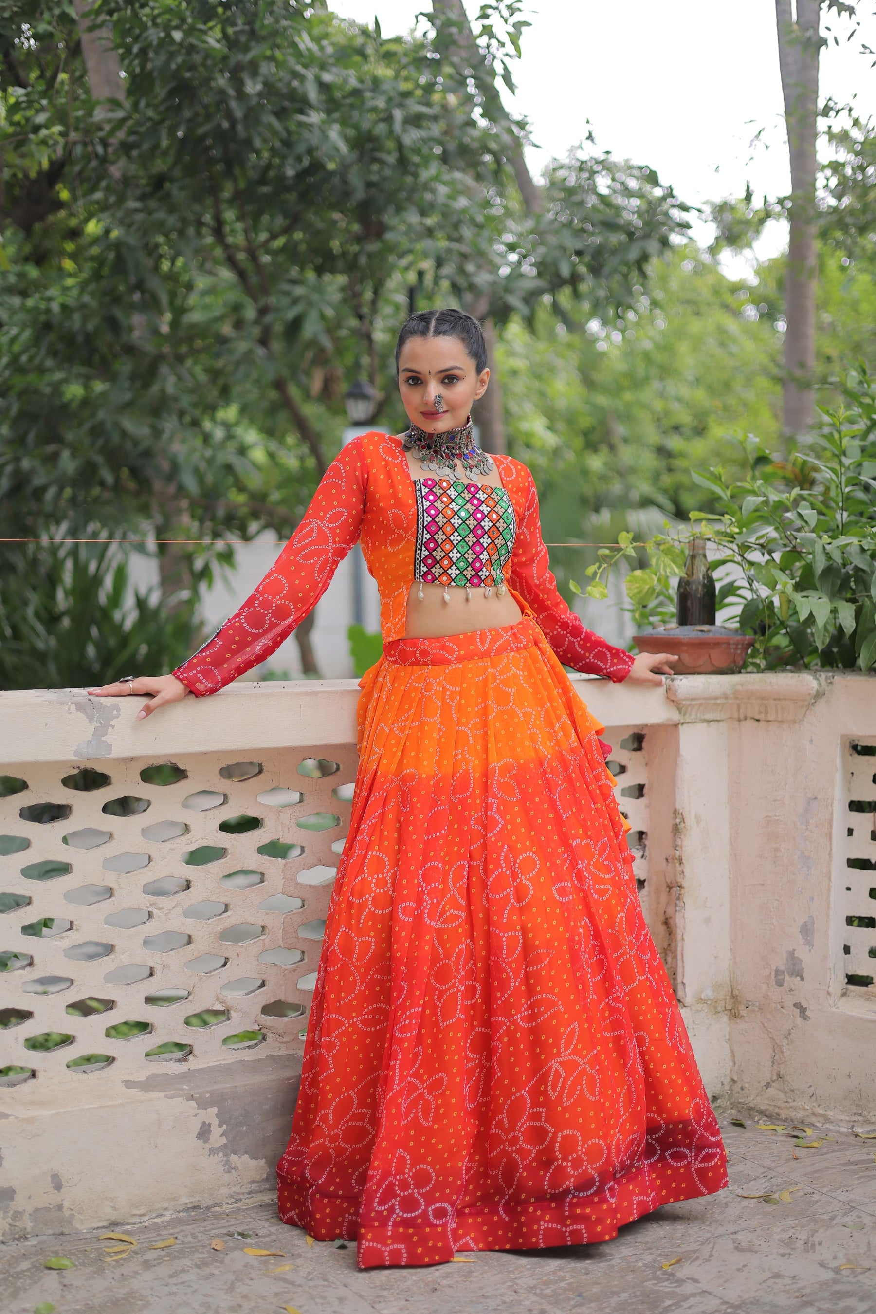 Bandhani with Kutchi Gamthi Patchwork Lehenga Choli