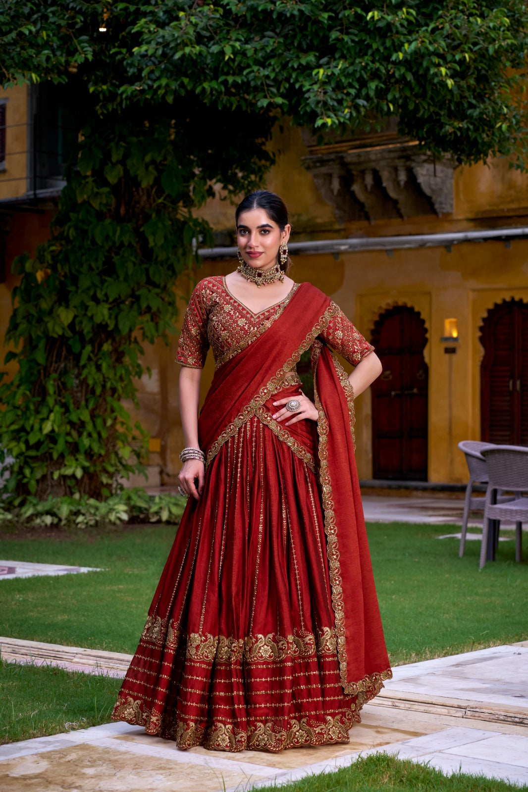 Designer Rust Orange Rangoli Silk Lehenga Choli