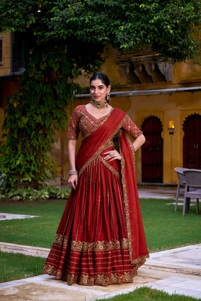 Designer Rust Orange Rangoli Silk Lehenga Choli