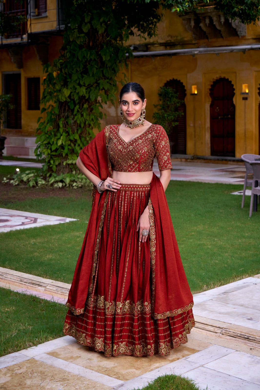 Designer Rust Orange Rangoli Silk Lehenga Choli
