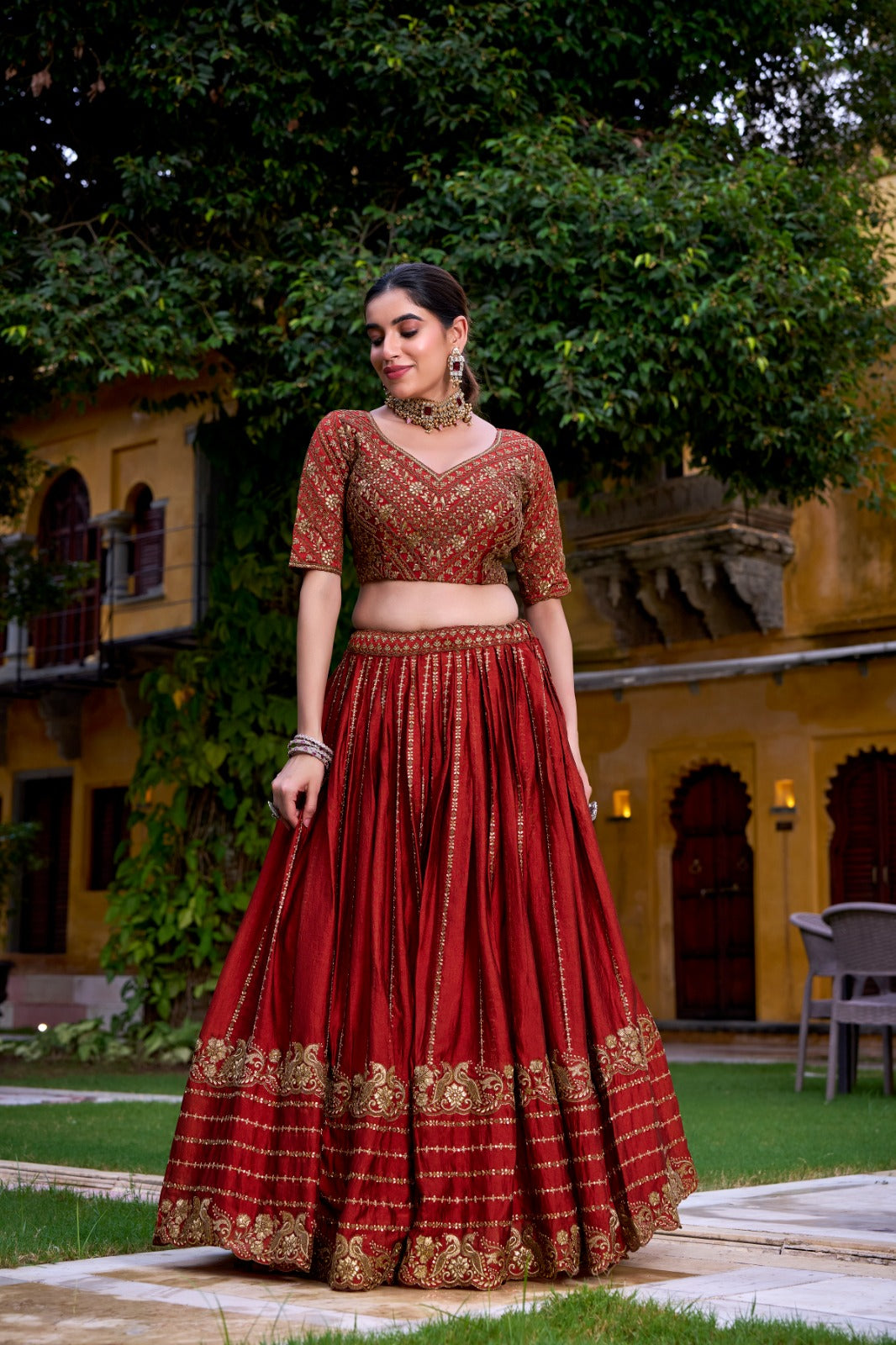 Designer Rust Orange Rangoli Silk Lehenga Choli