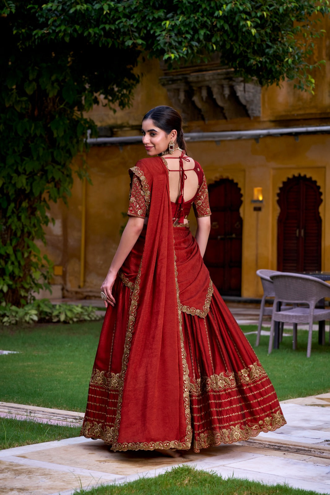 Designer Rust Orange Rangoli Silk Lehenga Choli