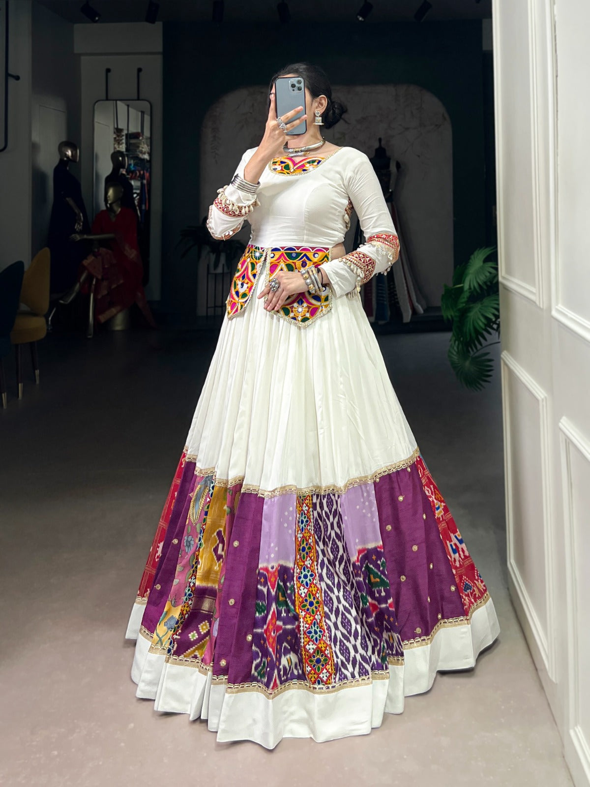 White Gamthi Work Lehenga Choli