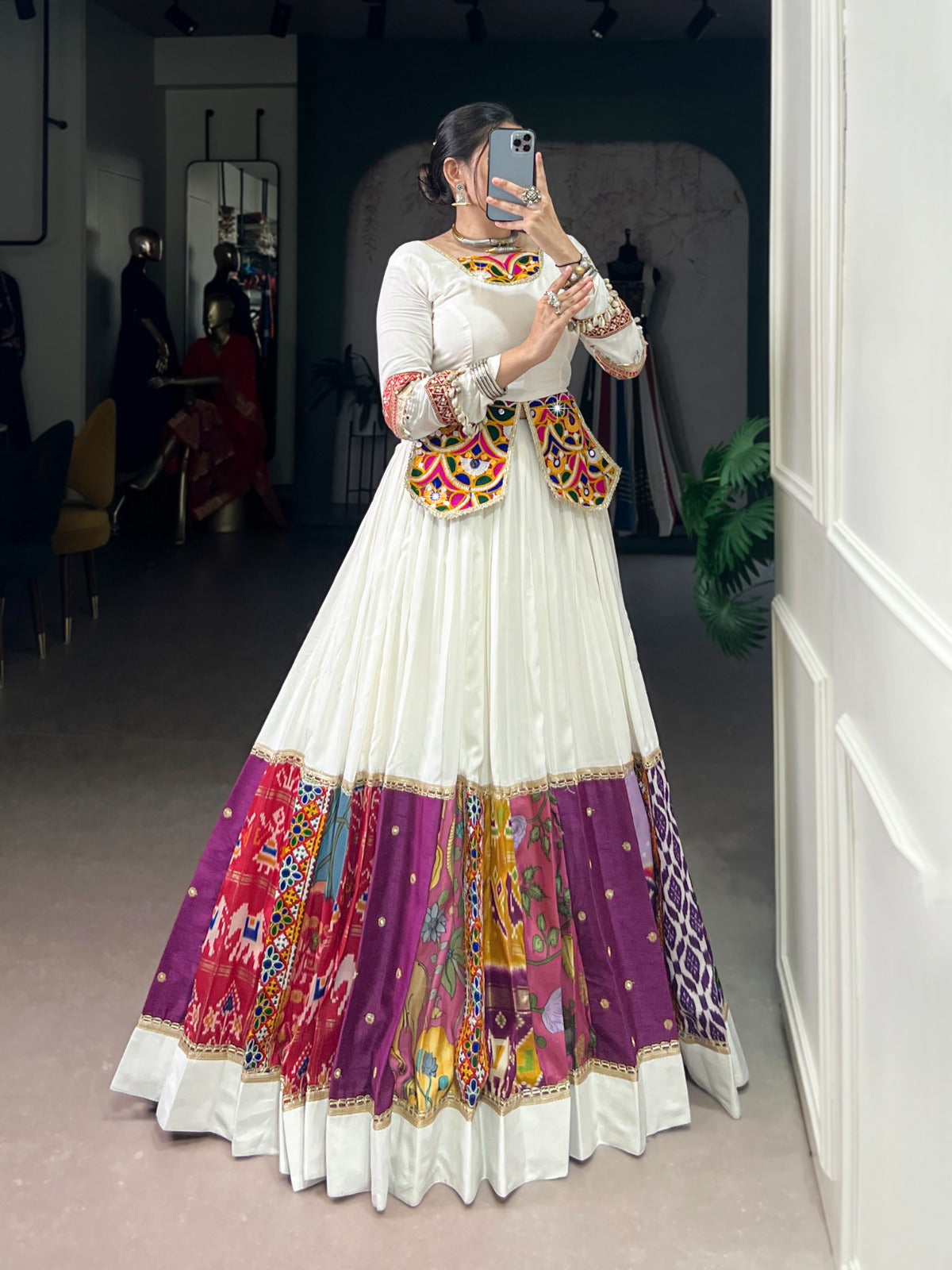 White Gamthi Work Lehenga Choli