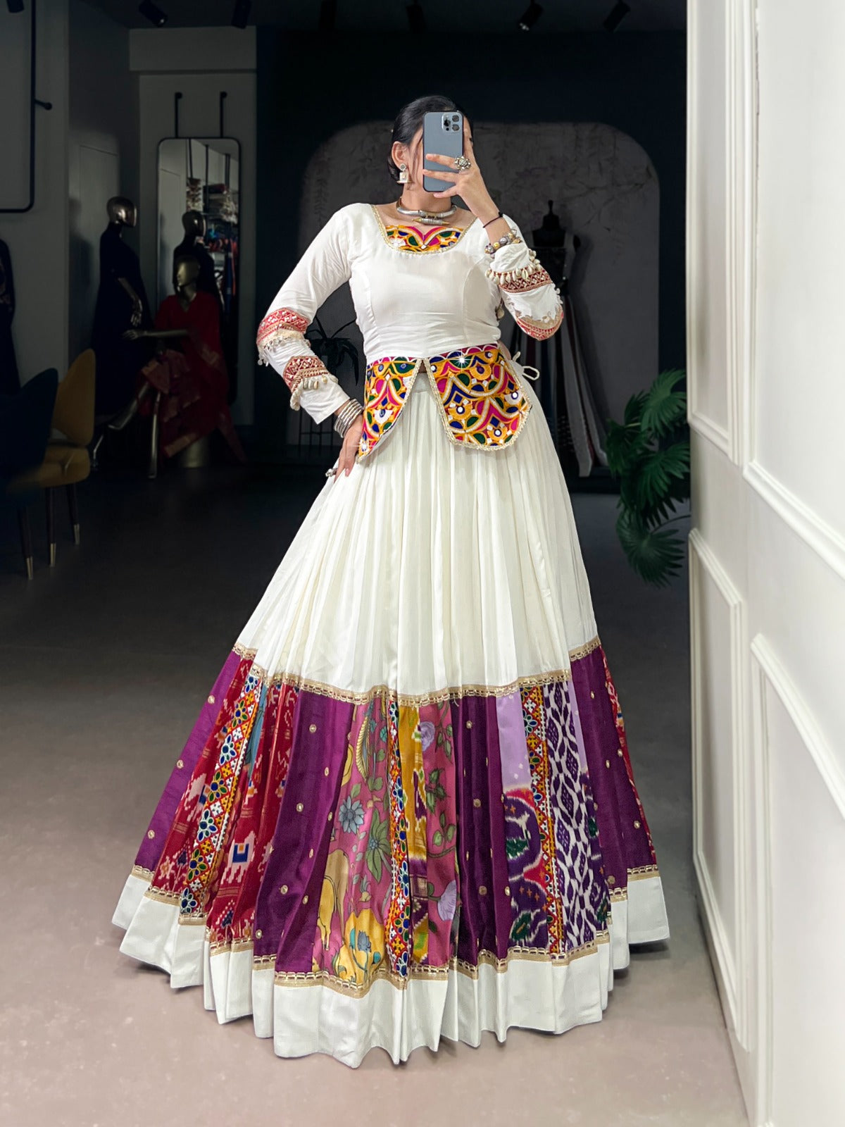 White Gamthi Work Lehenga Choli