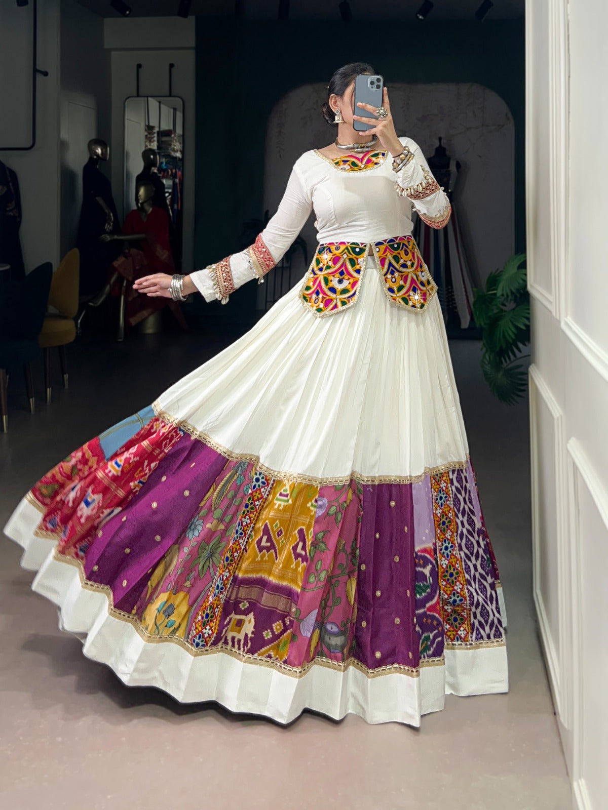 White Gamthi Work Lehenga Choli