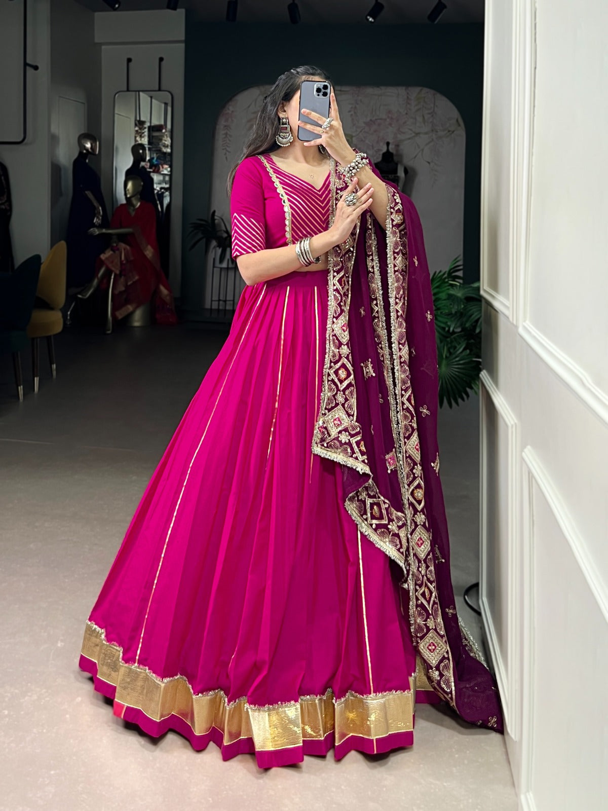 Magenta Cotton Lehenga Choli with Embroidered Dupatta