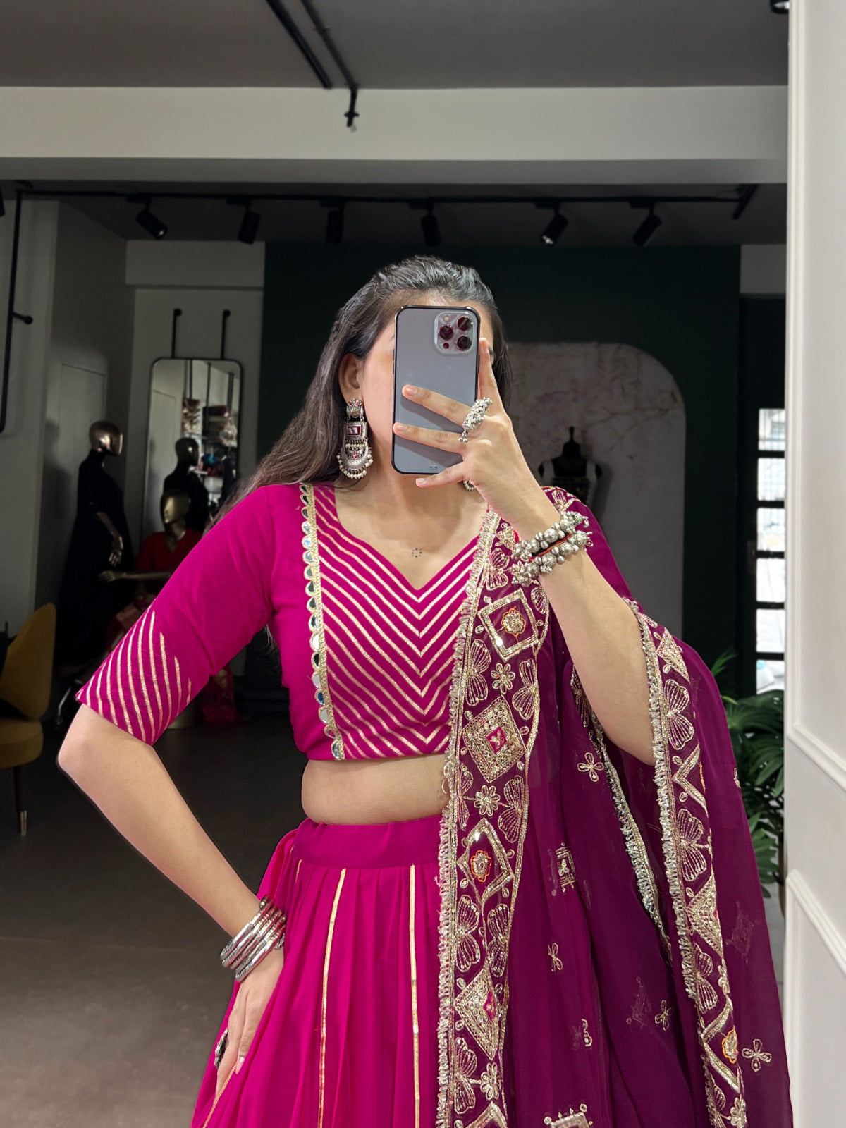 Magenta Cotton Lehenga Choli with Embroidered Dupatta