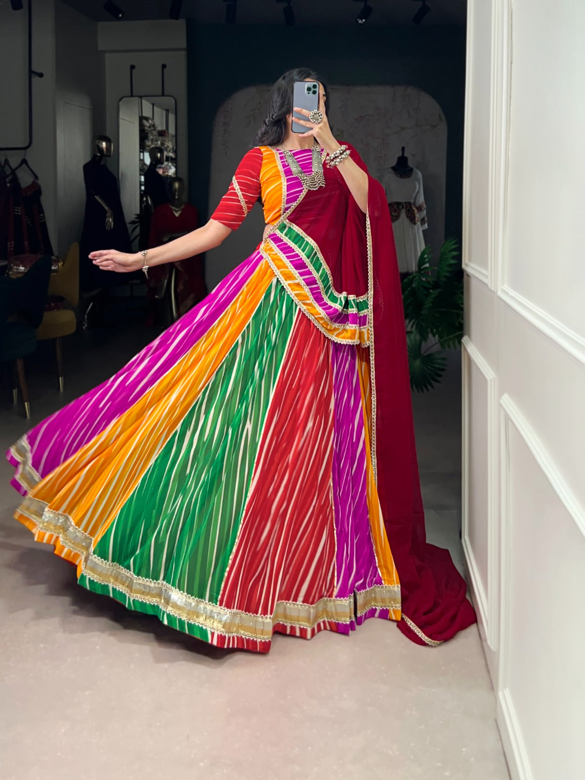 Georgette Multicolor Leheriya Print Lehenga Choli