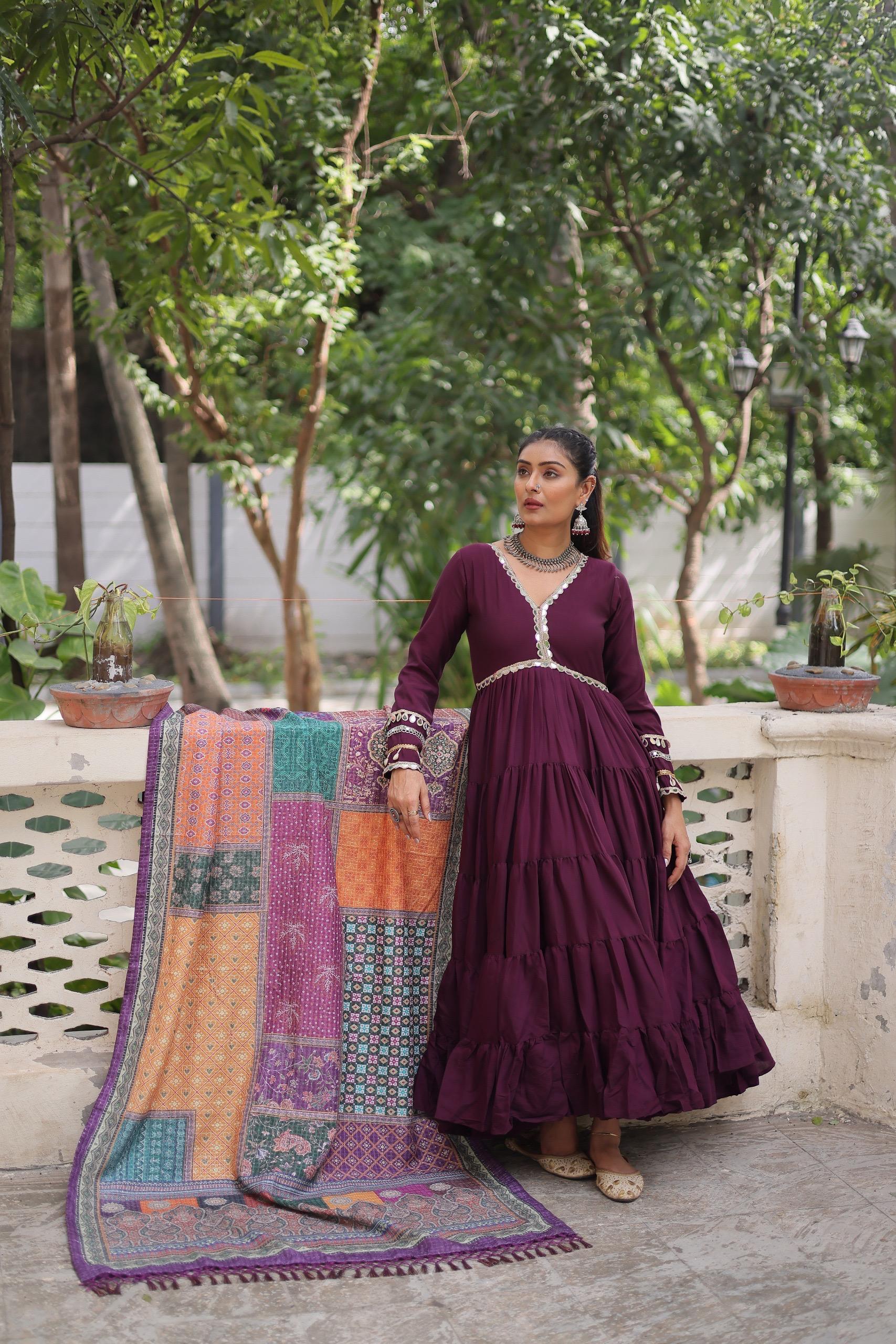 Designer Roman Fabric Gown with mirror Lace
