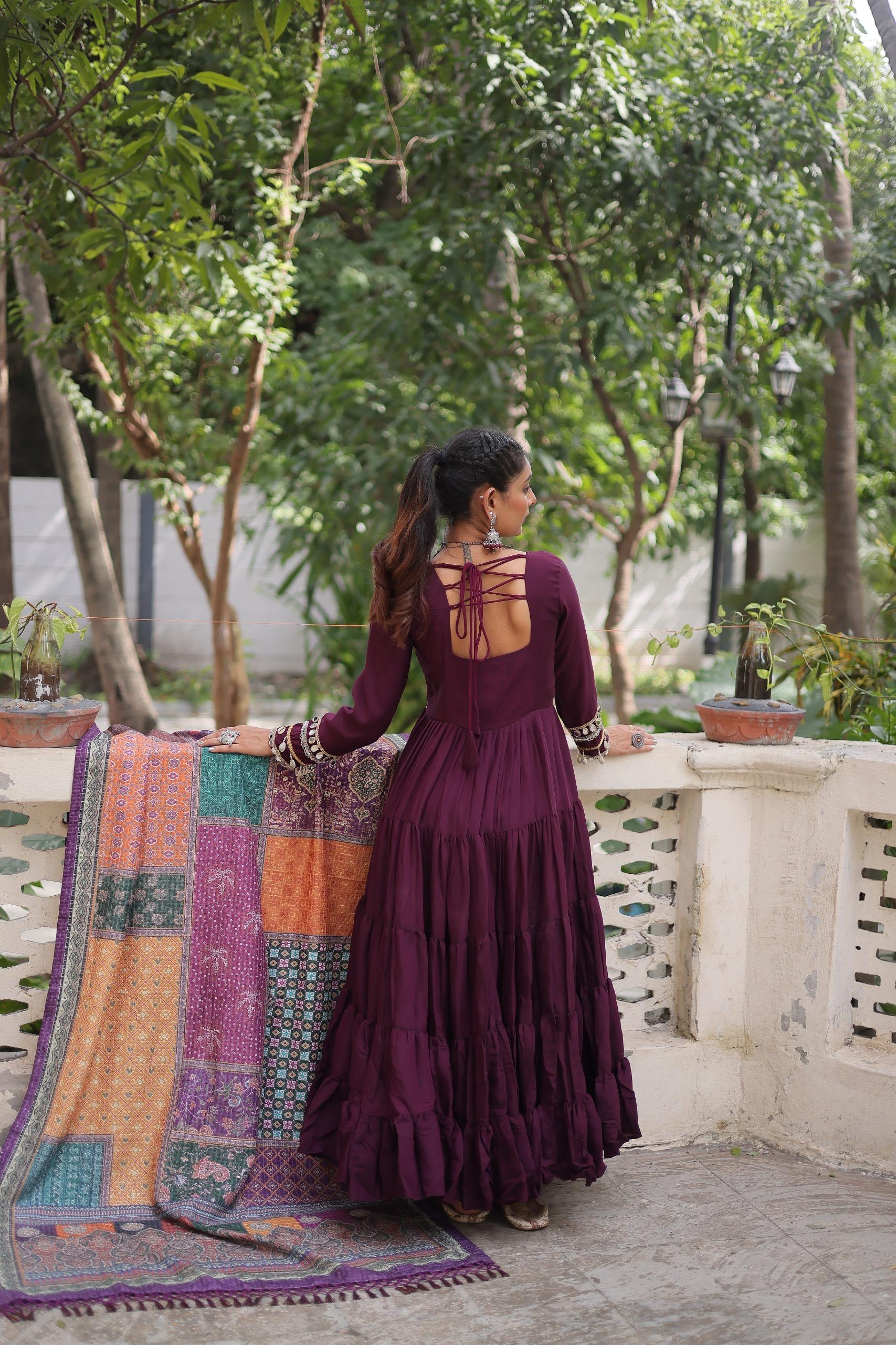 Designer Roman Fabric Gown with mirror Lace