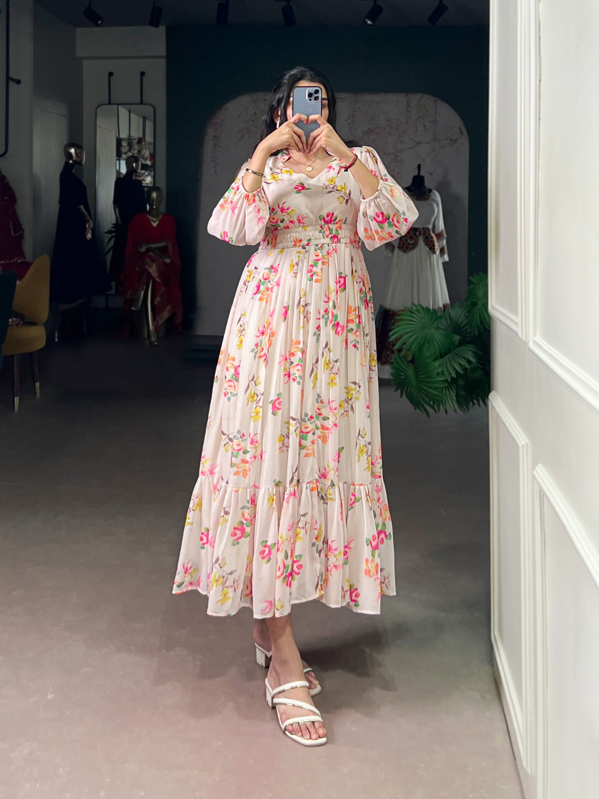 Cream Georgette Floral Print Frock