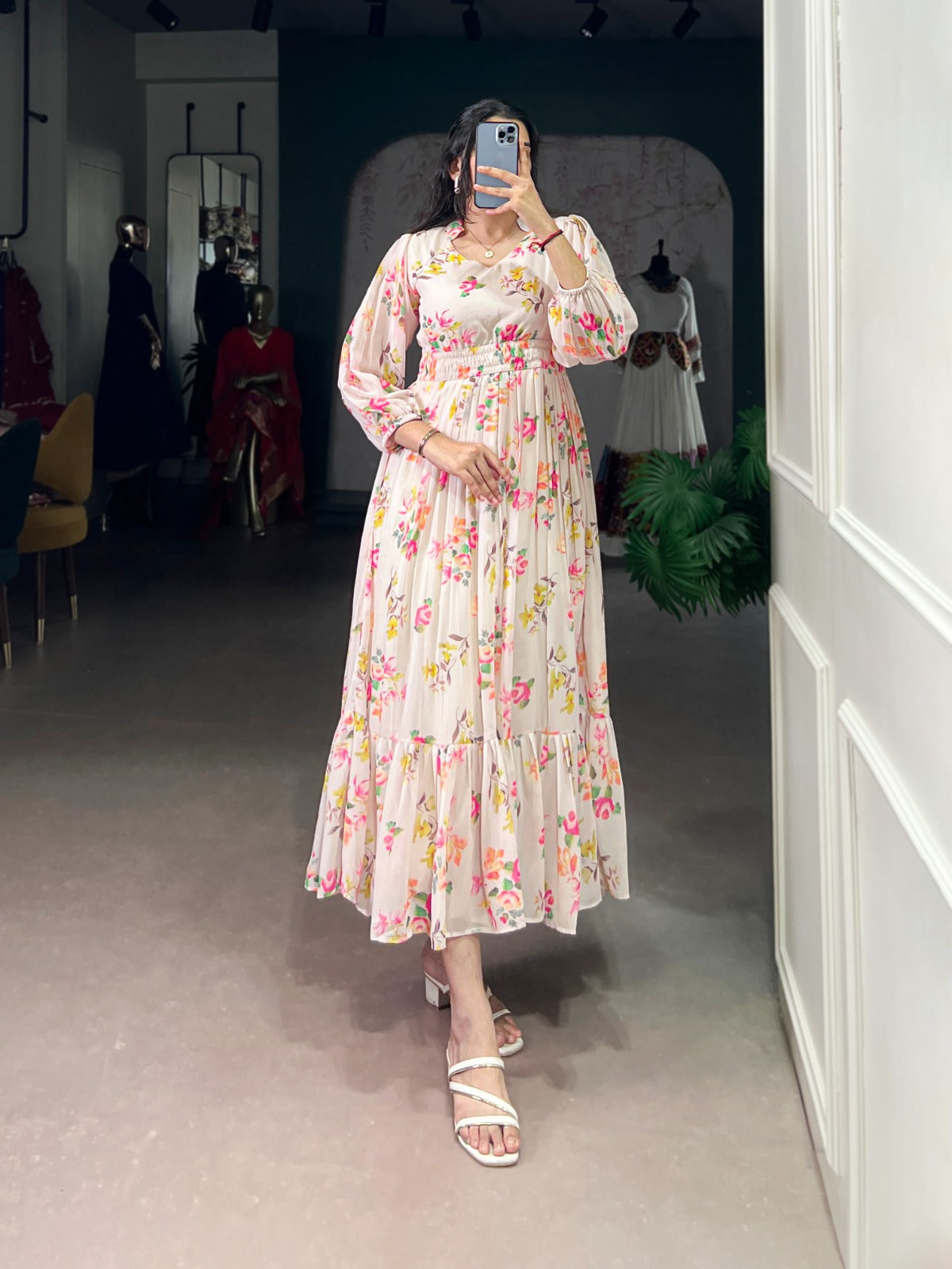 Cream Georgette Floral Print Frock
