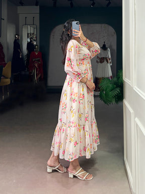 Cream Georgette Floral Print Frock