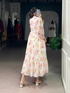 Cream Georgette Floral Print Frock