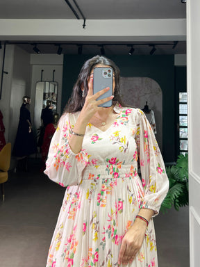 Cream Georgette Floral Print Frock