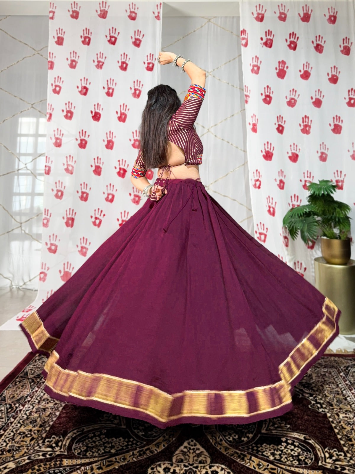 Wine Pure Chanderi Garba Choli with Gamthi Mirror