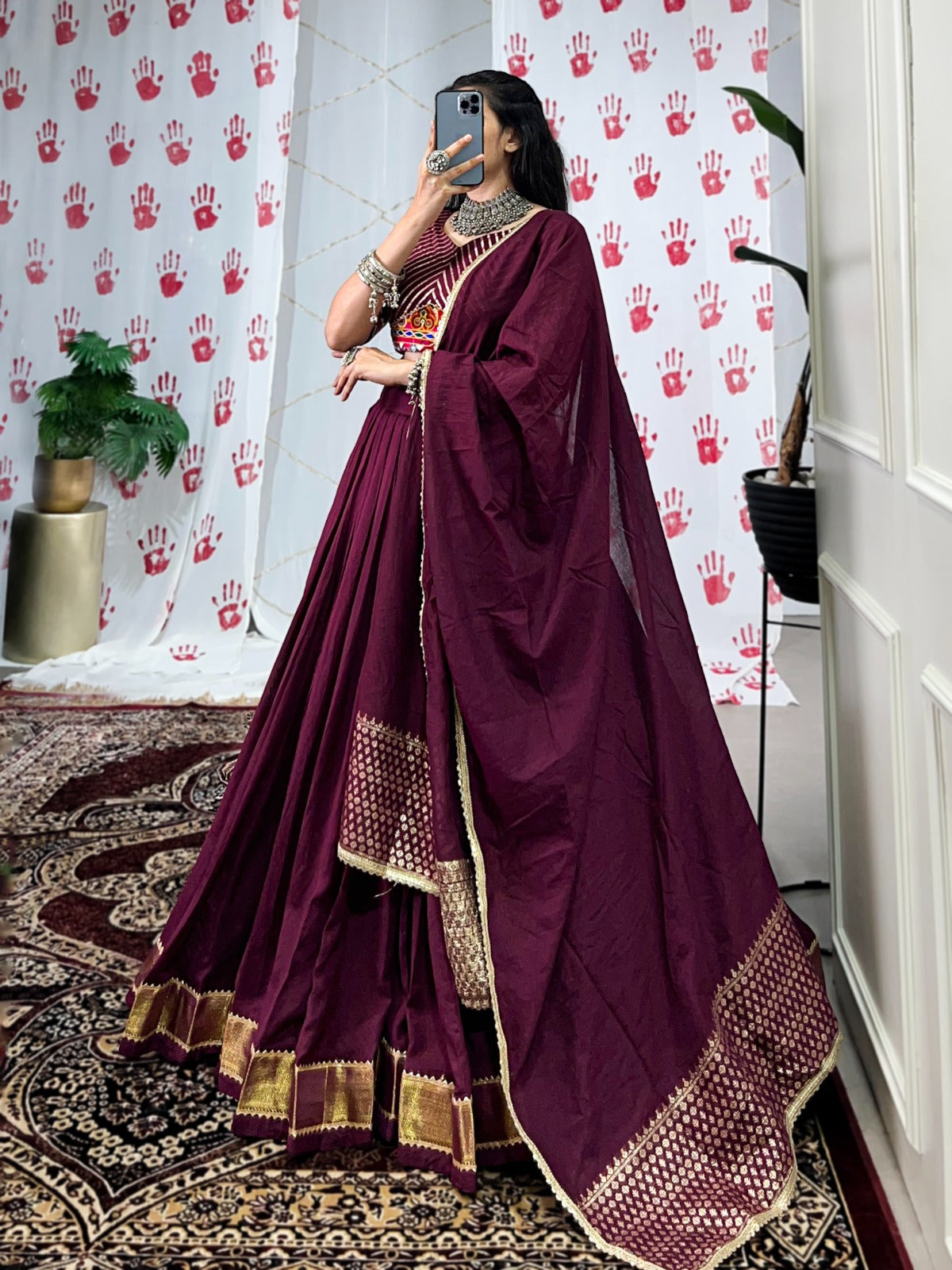 Wine Pure Chanderi Garba Choli with Gamthi Mirror