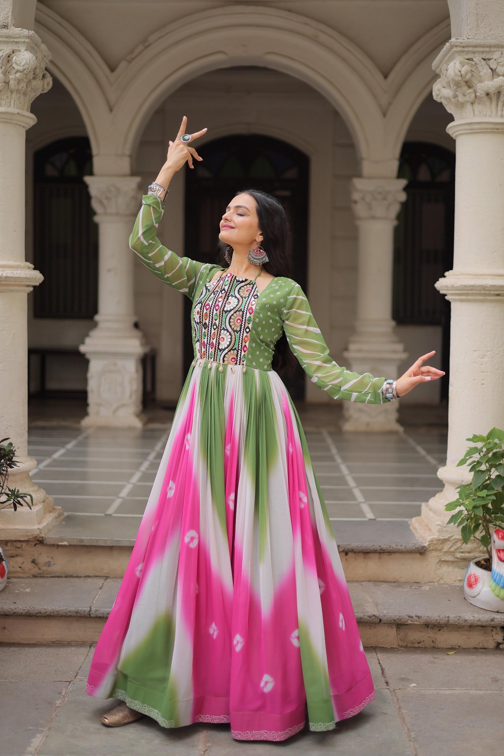 Bandhej Print Gamthi Work Gown for Garba