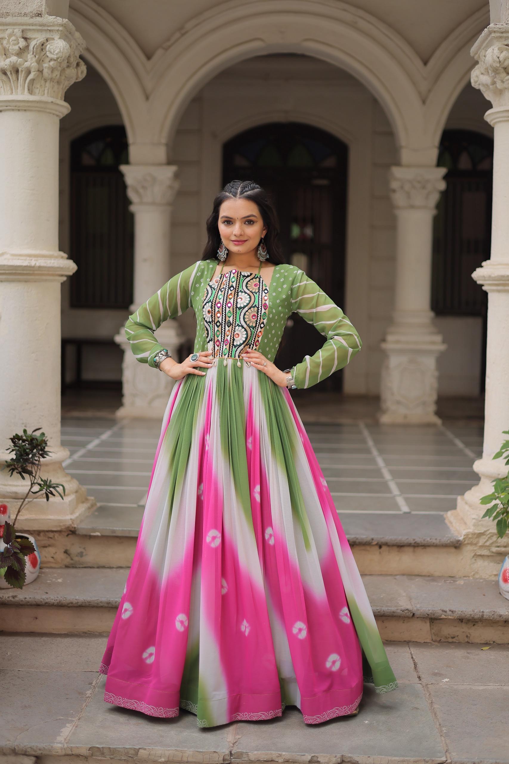 Bandhej Print Gamthi Work Gown for Garba