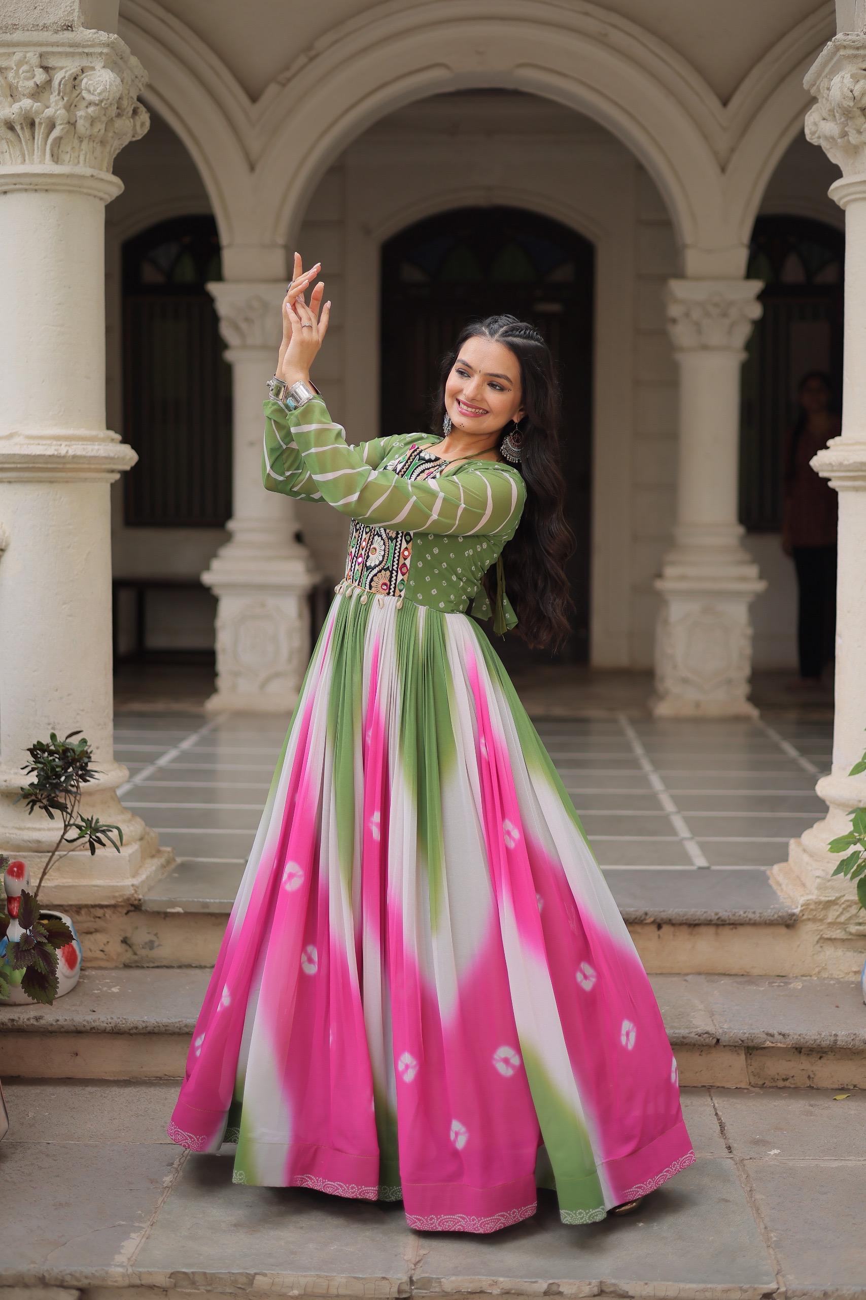Bandhej Print Gamthi Work Gown for Garba