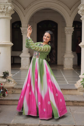 Bandhej Print Gamthi Work Gown for Garba