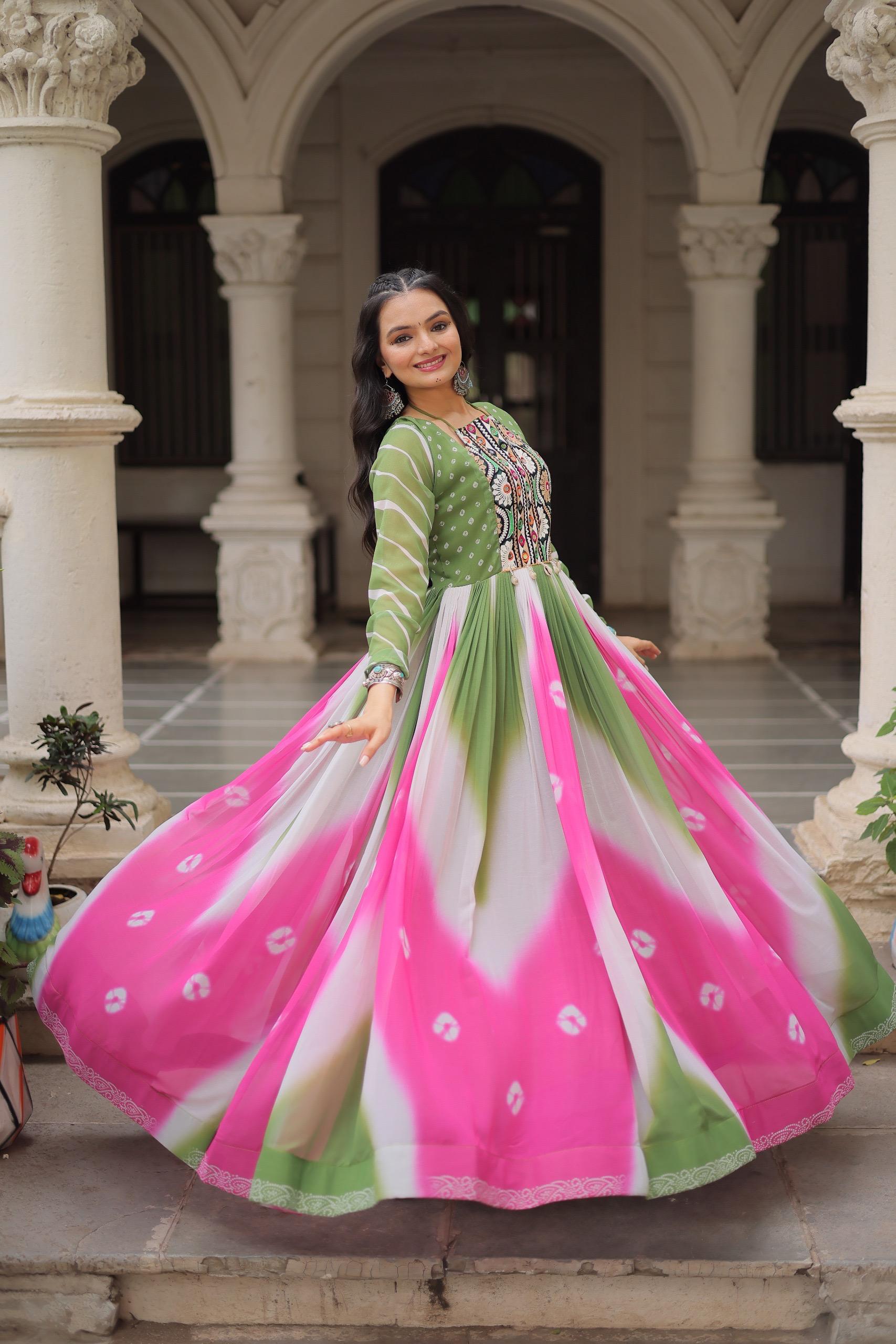 Bandhej Print Gamthi Work Gown for Garba
