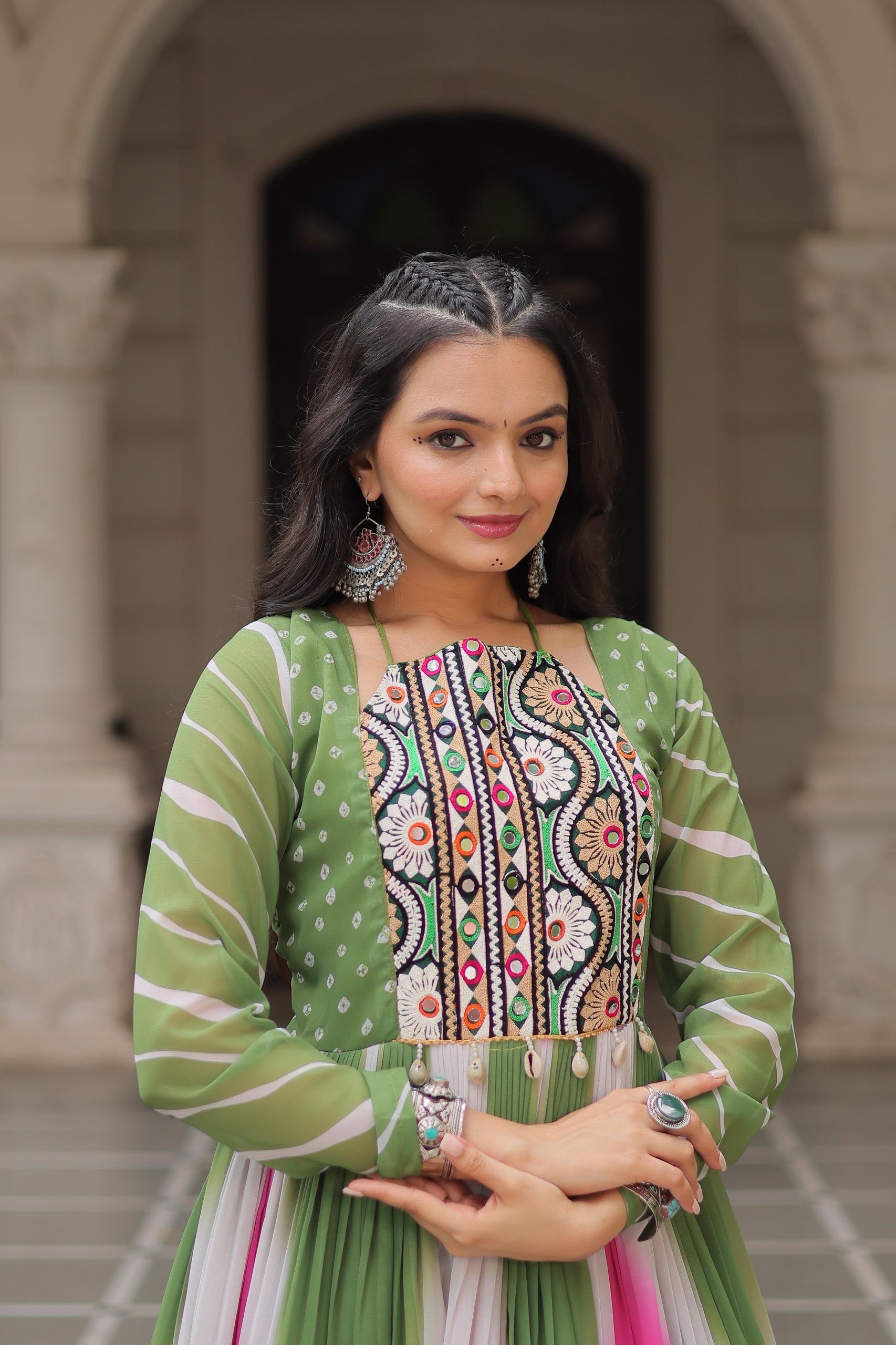 Bandhej Print Gamthi Work Gown for Garba