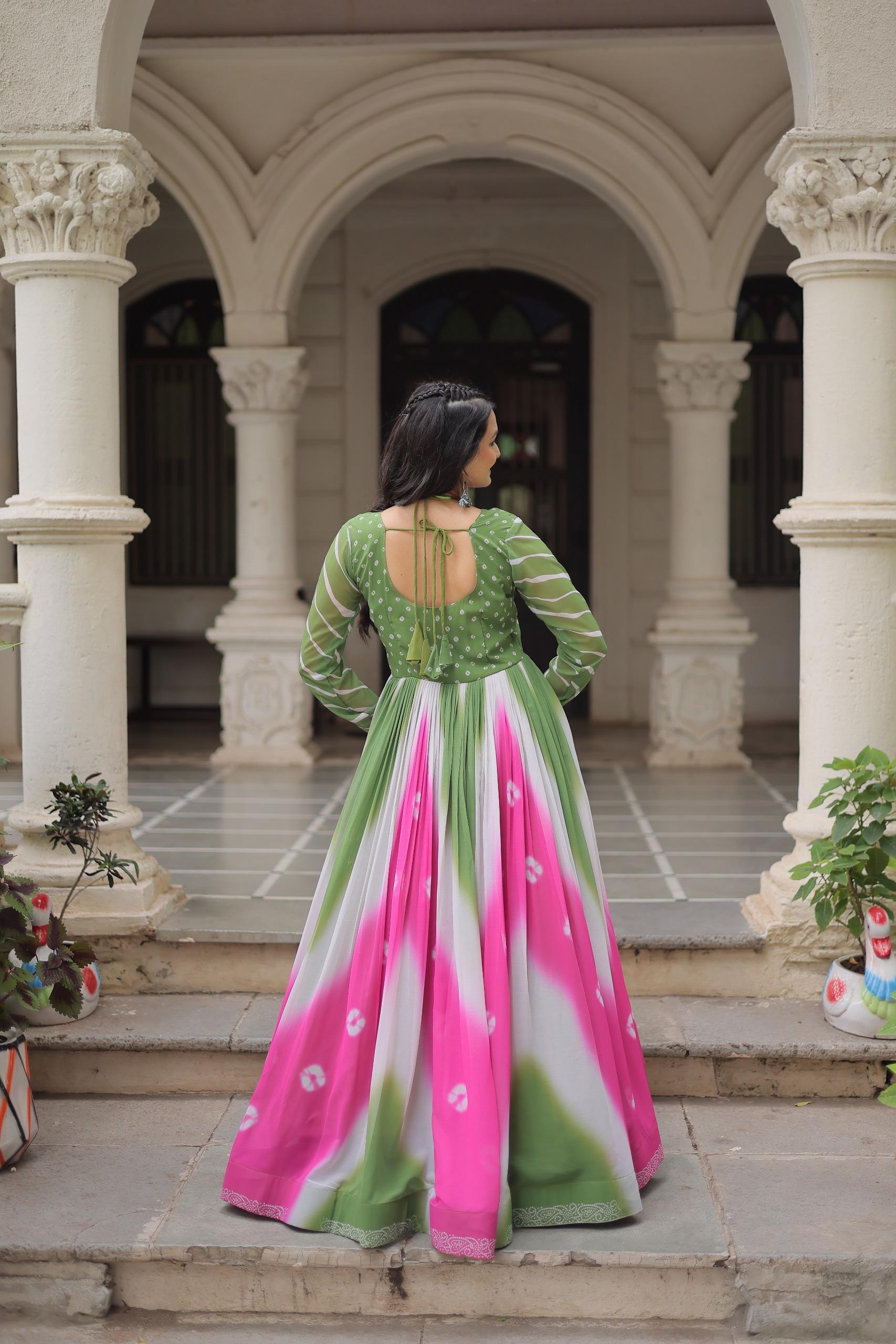 Bandhej Print Gamthi Work Gown for Garba