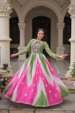 Bandhej Print Gamthi Work Gown for Garba