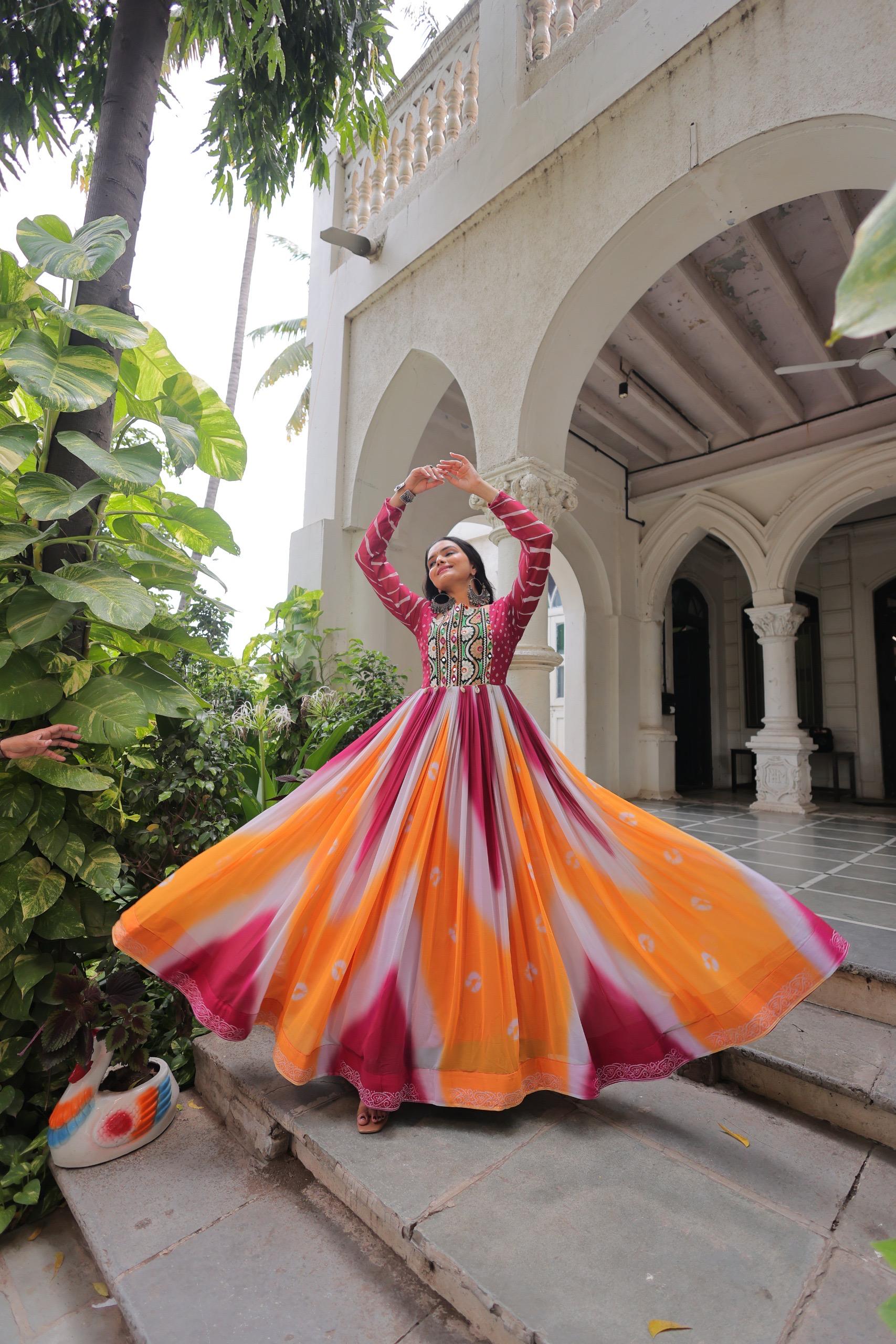 Bandhej Print Gamthi Work Gown for Garba