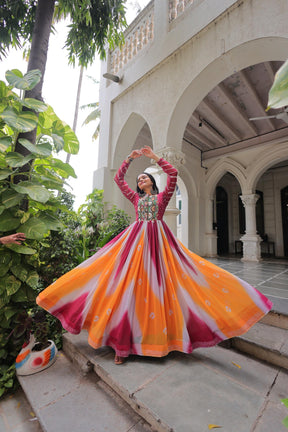 Bandhej Print Gamthi Work Gown for Garba