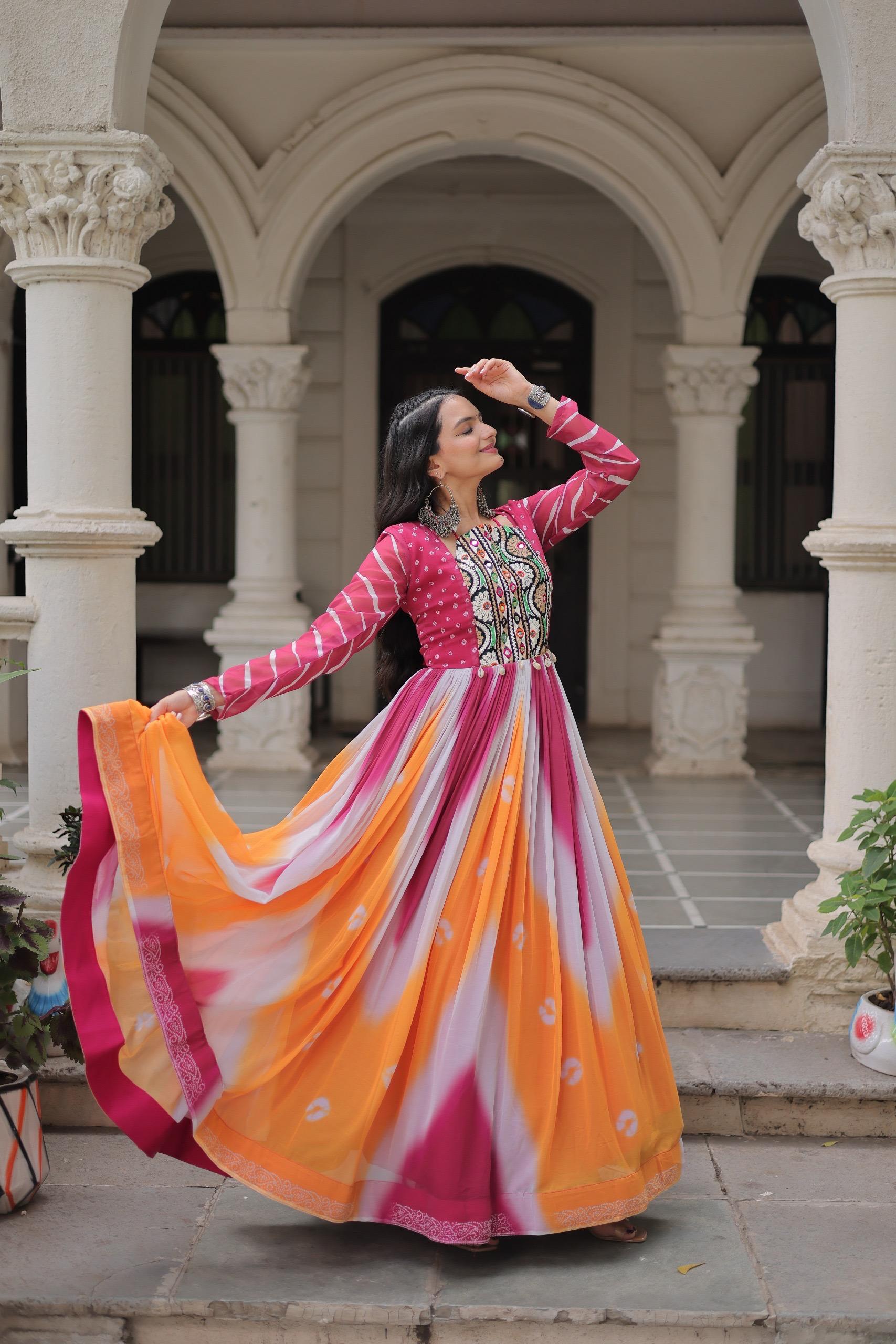 Bandhej Print Gamthi Work Gown for Garba