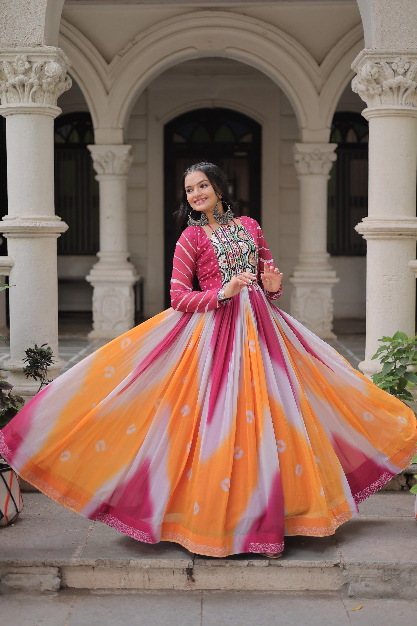Bandhej Print Gamthi Work Gown for Garba