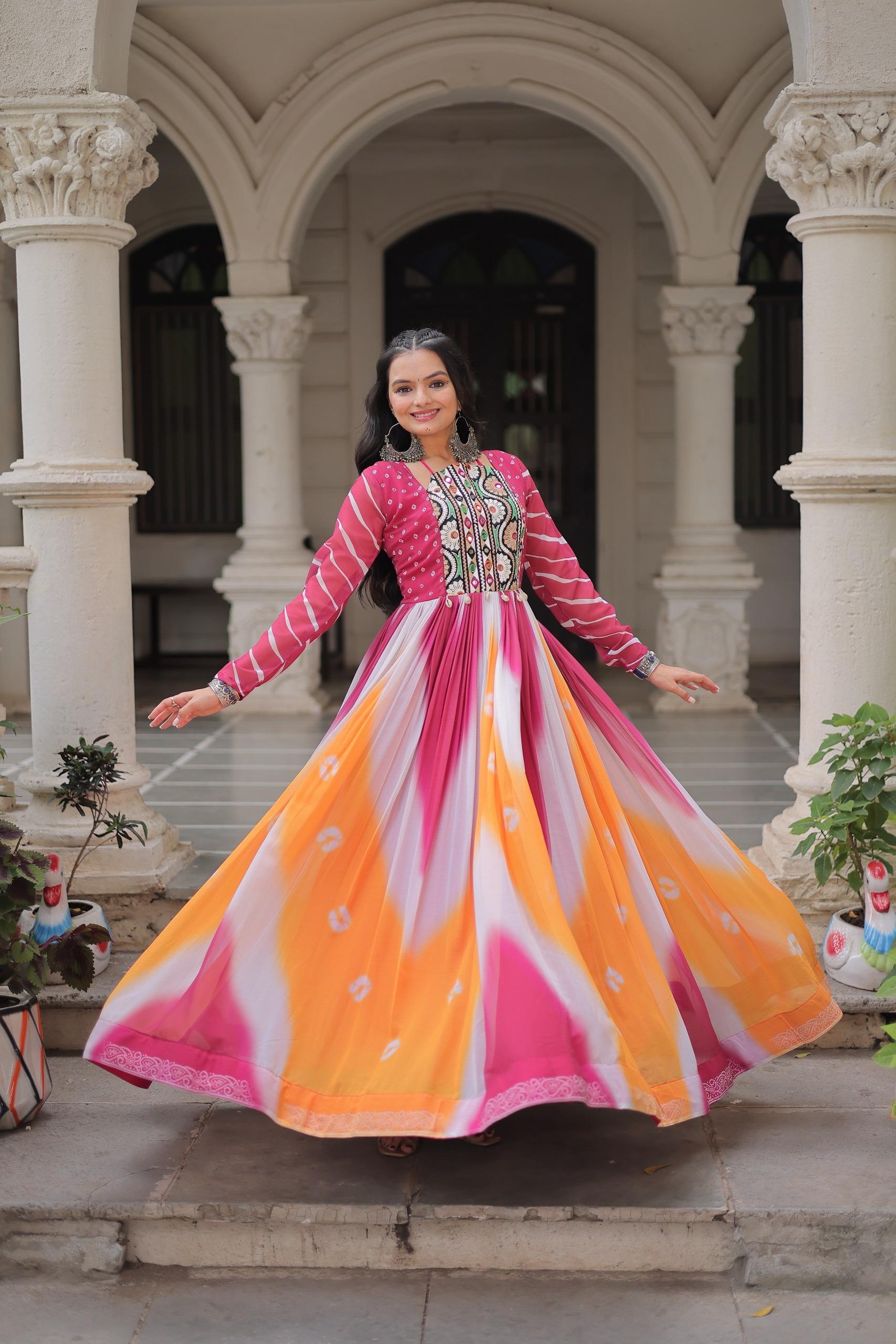 Bandhej Print Gamthi Work Gown for Garba