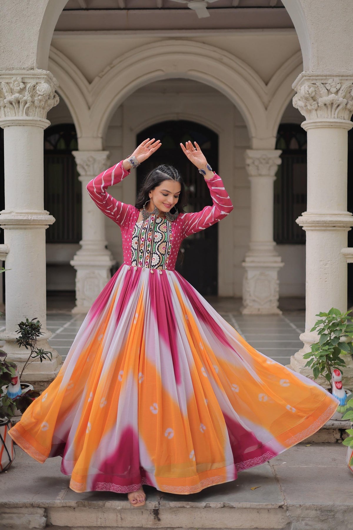 Bandhej Print Gamthi Work Gown for Garba