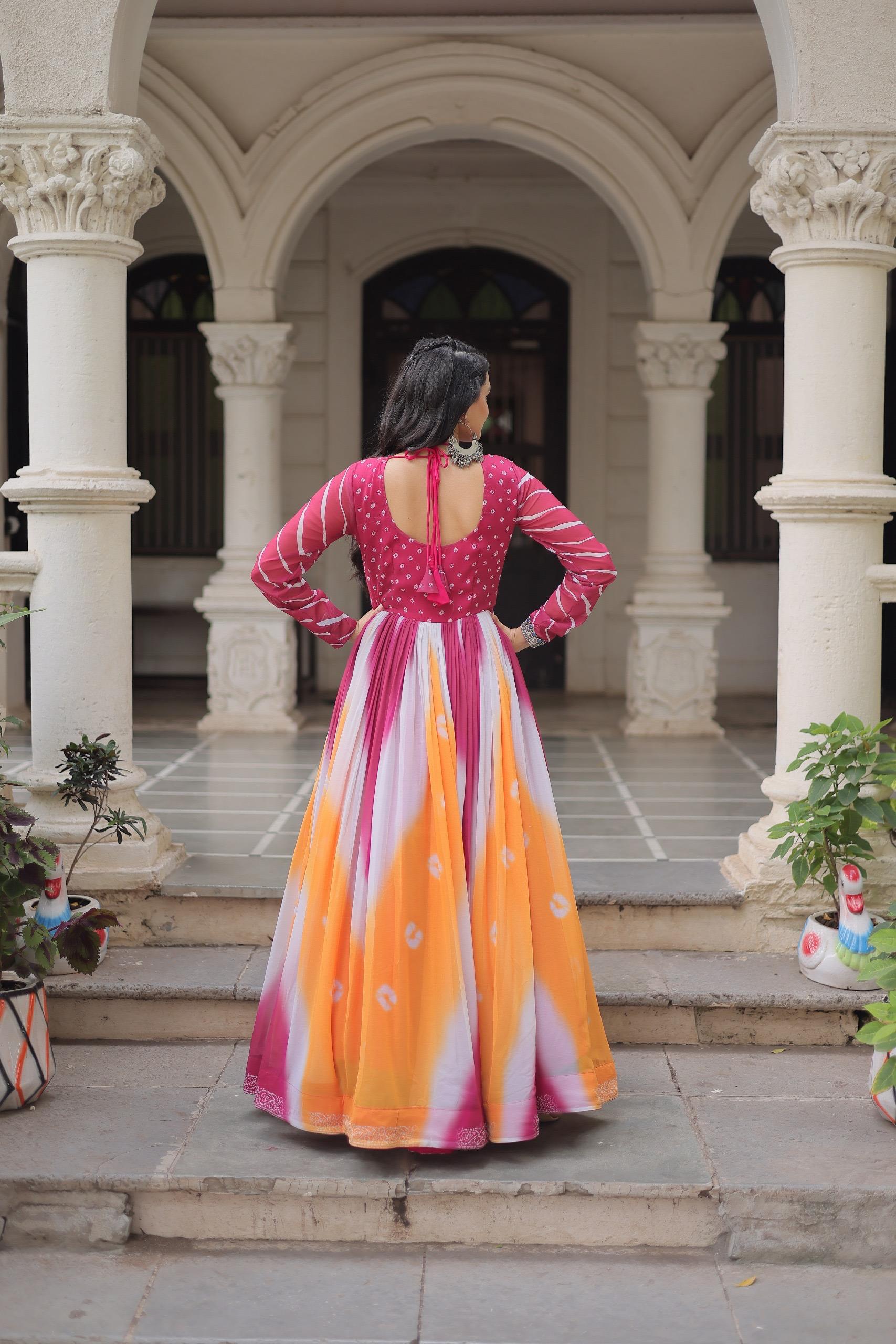Bandhej Print Gamthi Work Gown for Garba