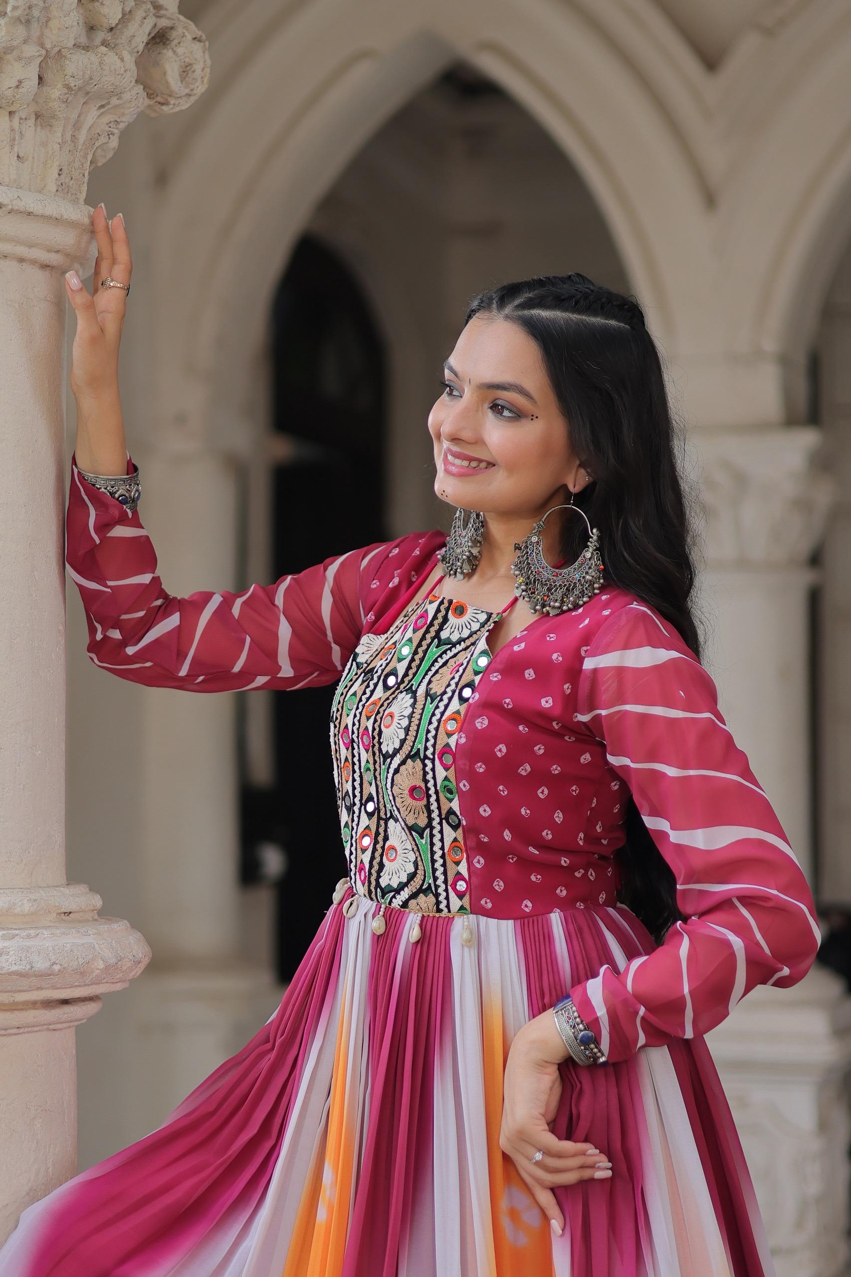 Bandhej Print Gamthi Work Gown for Garba