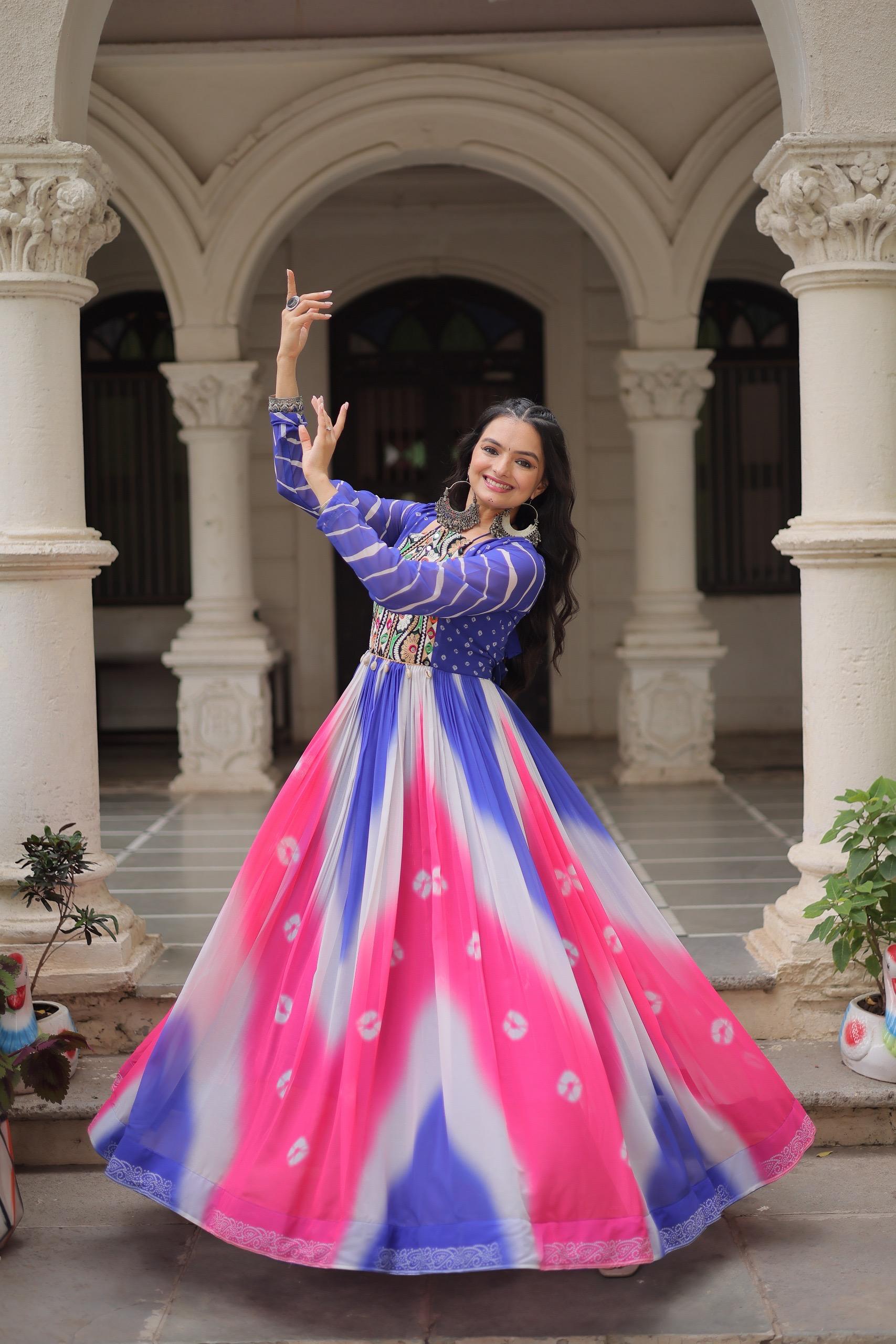Bandhej Print Gamthi Work Gown for Garba