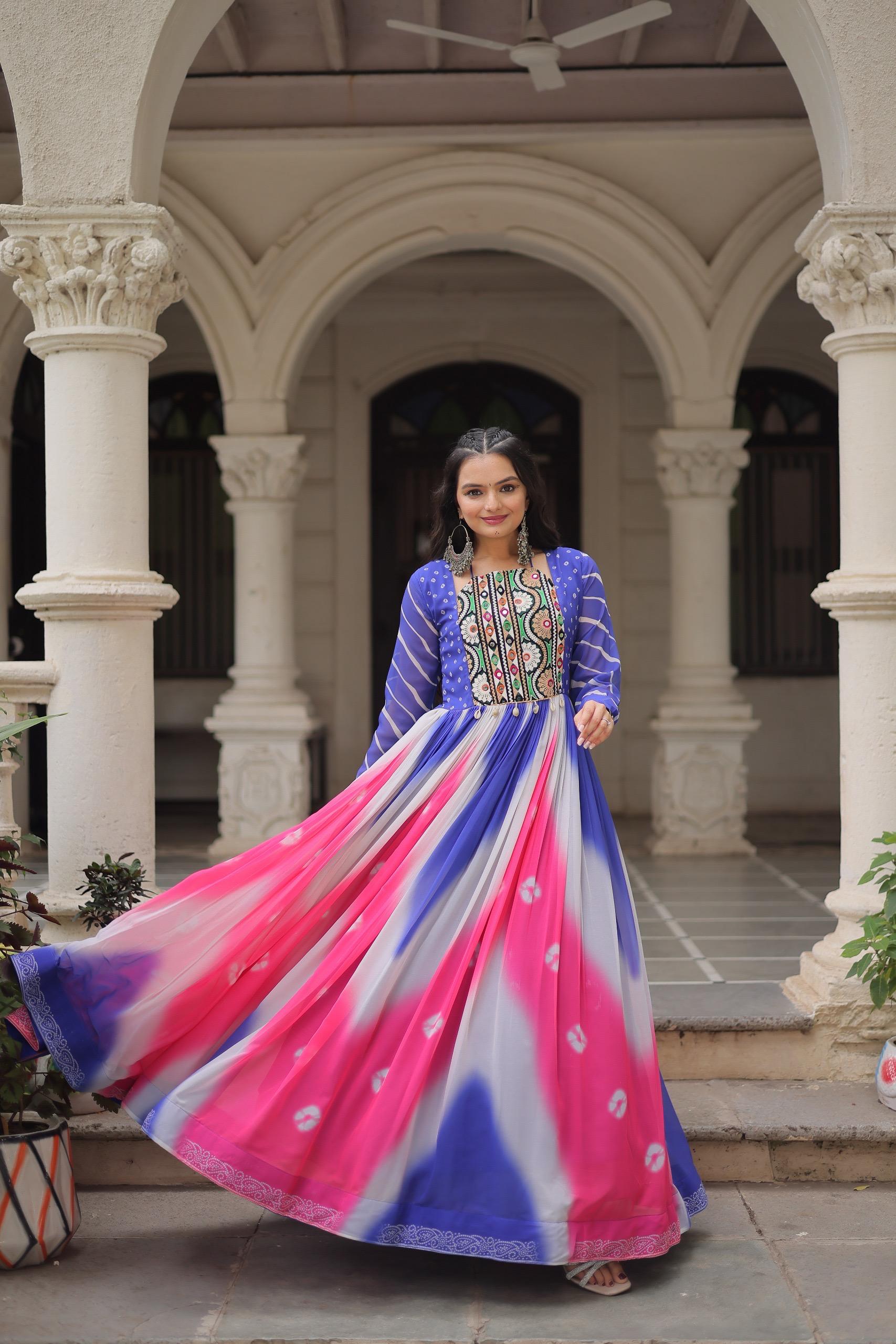 Bandhej Print Gamthi Work Gown for Garba