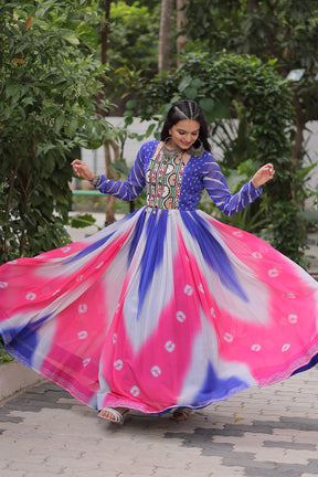 Bandhej Print Gamthi Work Gown for Garba