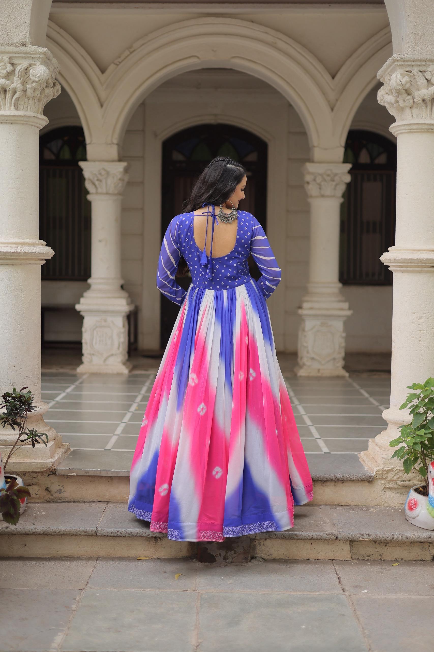 Bandhej Print Gamthi Work Gown for Garba