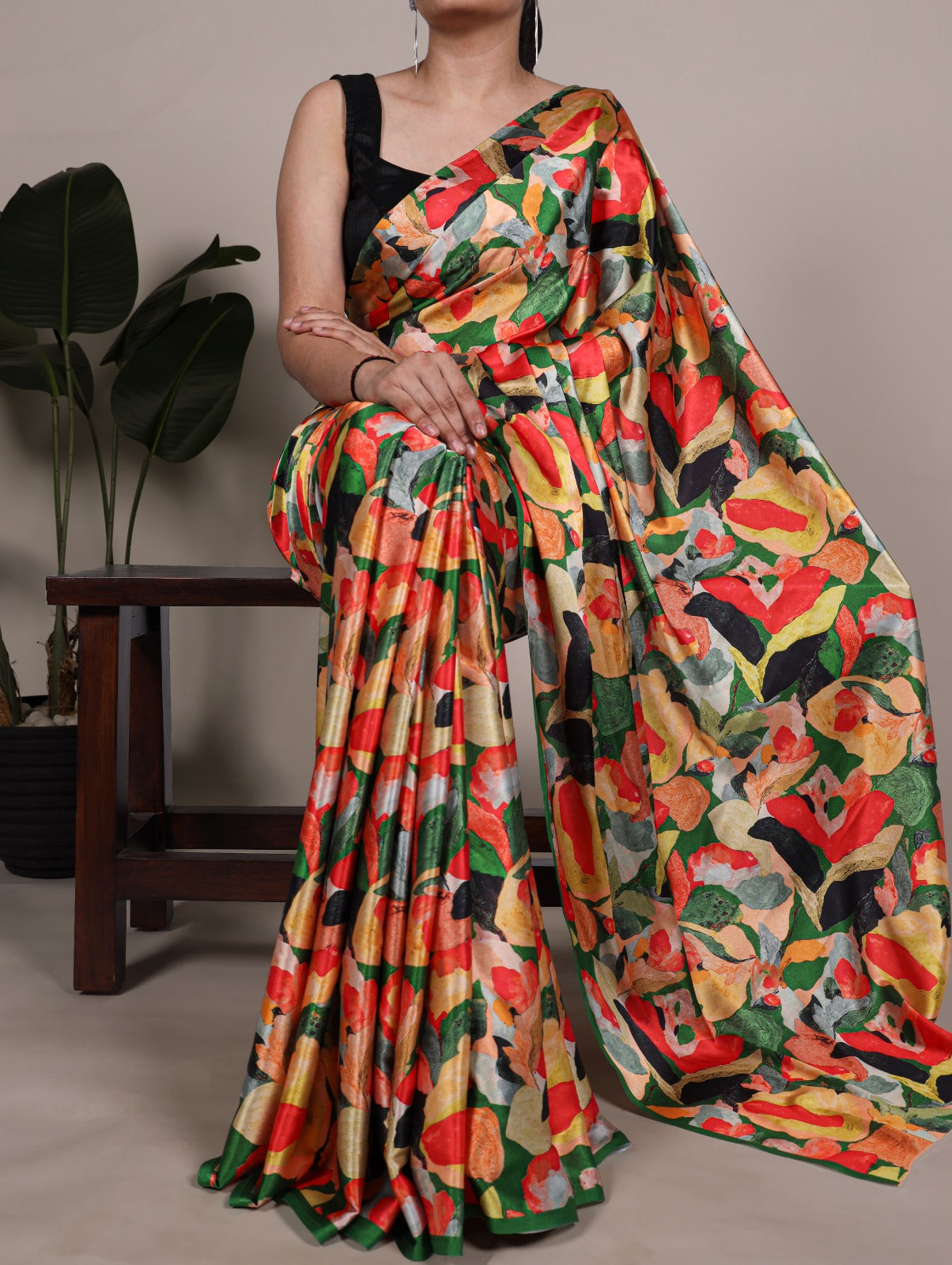 Premium Satin Silk Floral Print Saree