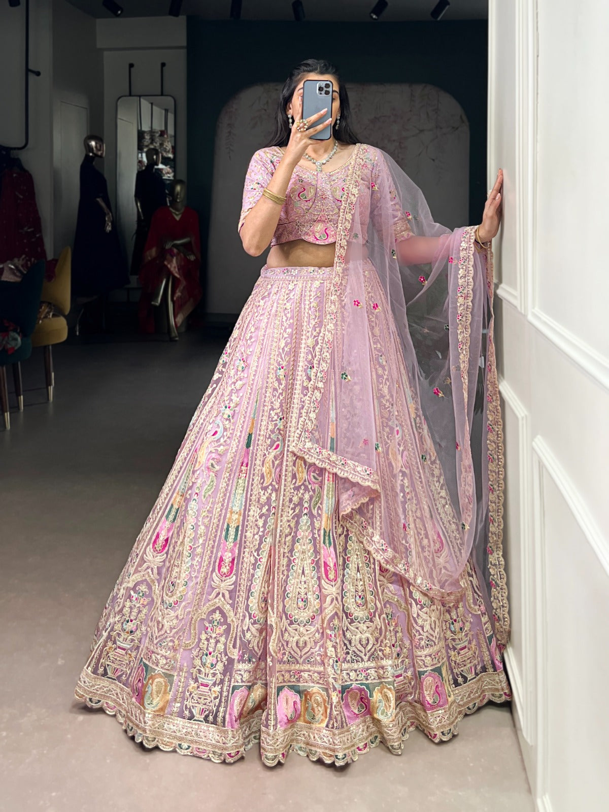 Pastel Net Embroidered Lehenga Choli