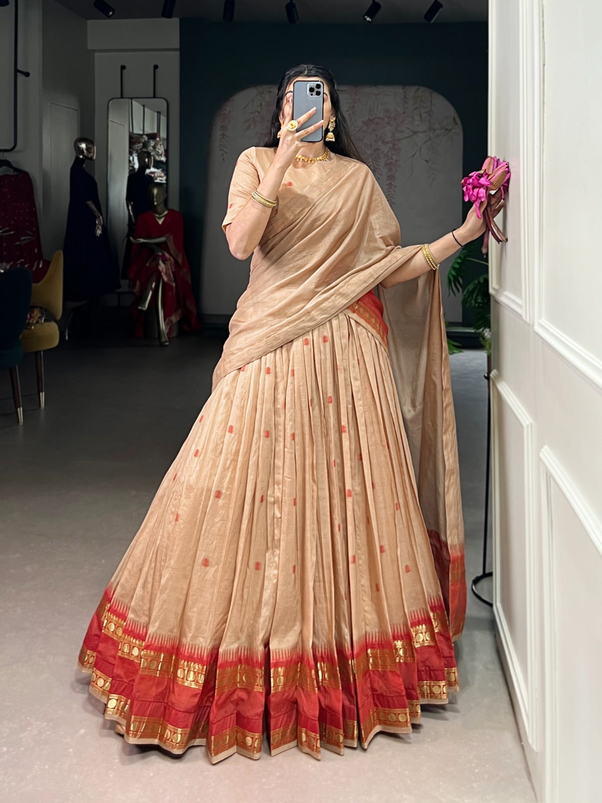 Pure Chanderi Cotton Half Saree Lehenga Choli