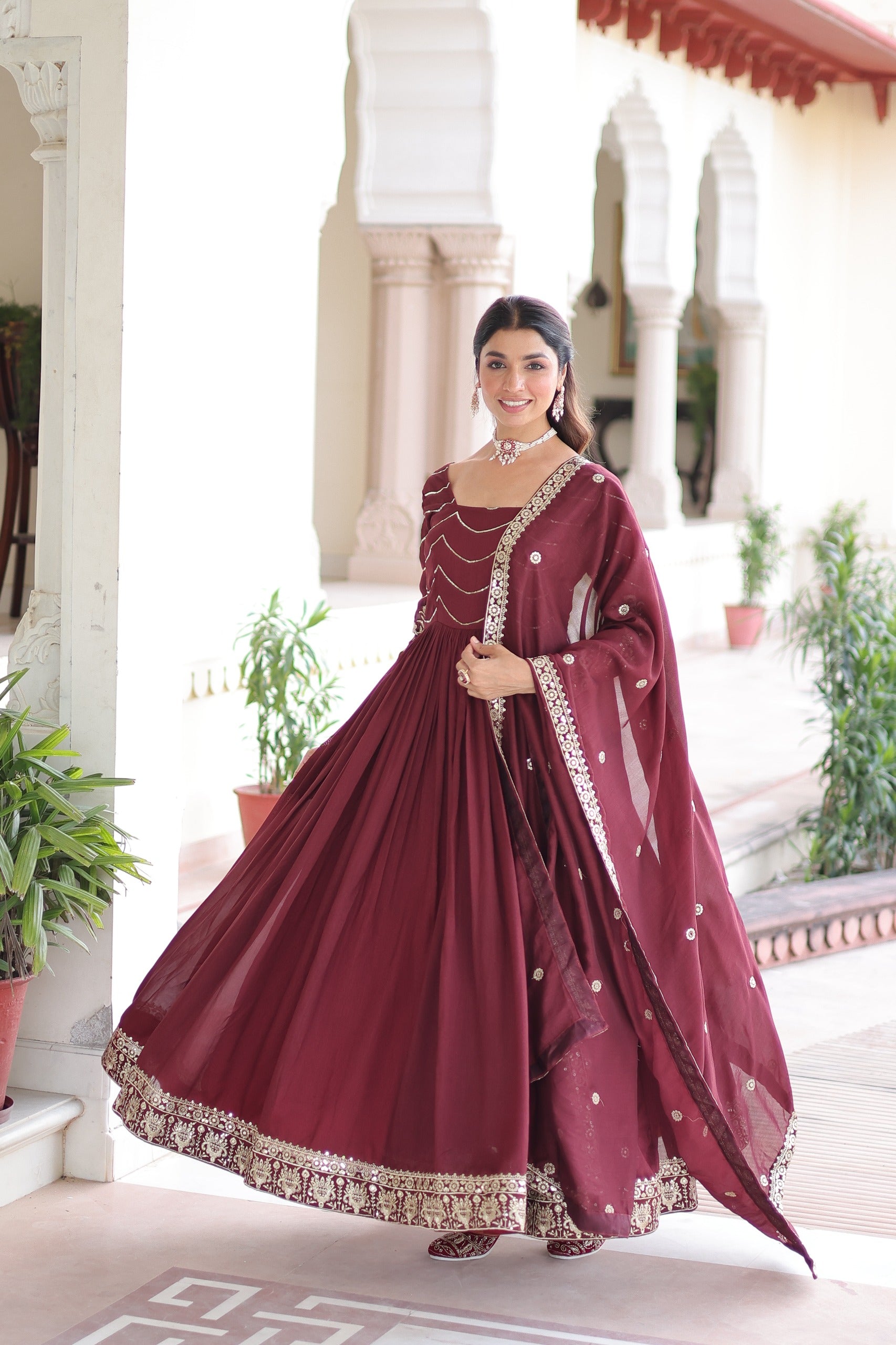 Designer Vichitra Silk Gown With Dupatta