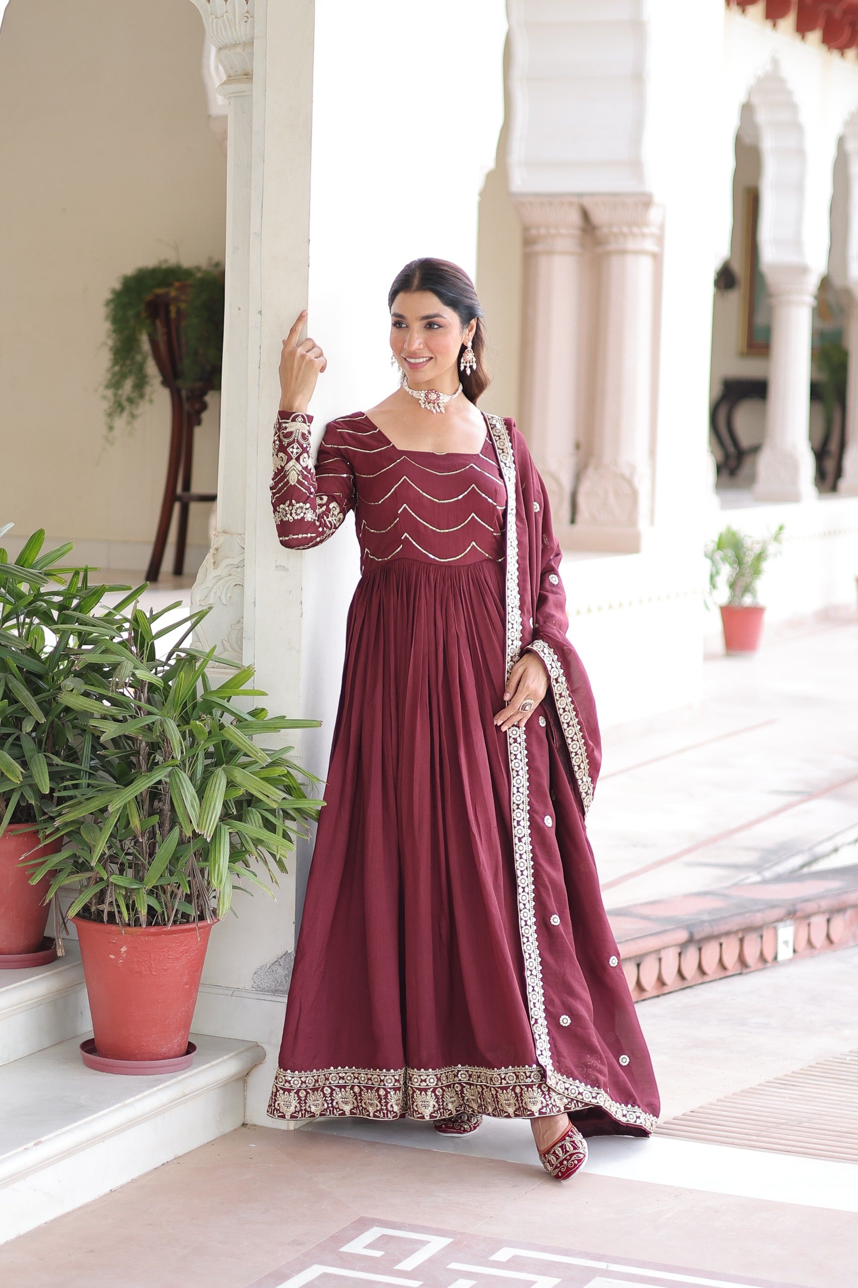 Designer Vichitra Silk Gown With Dupatta